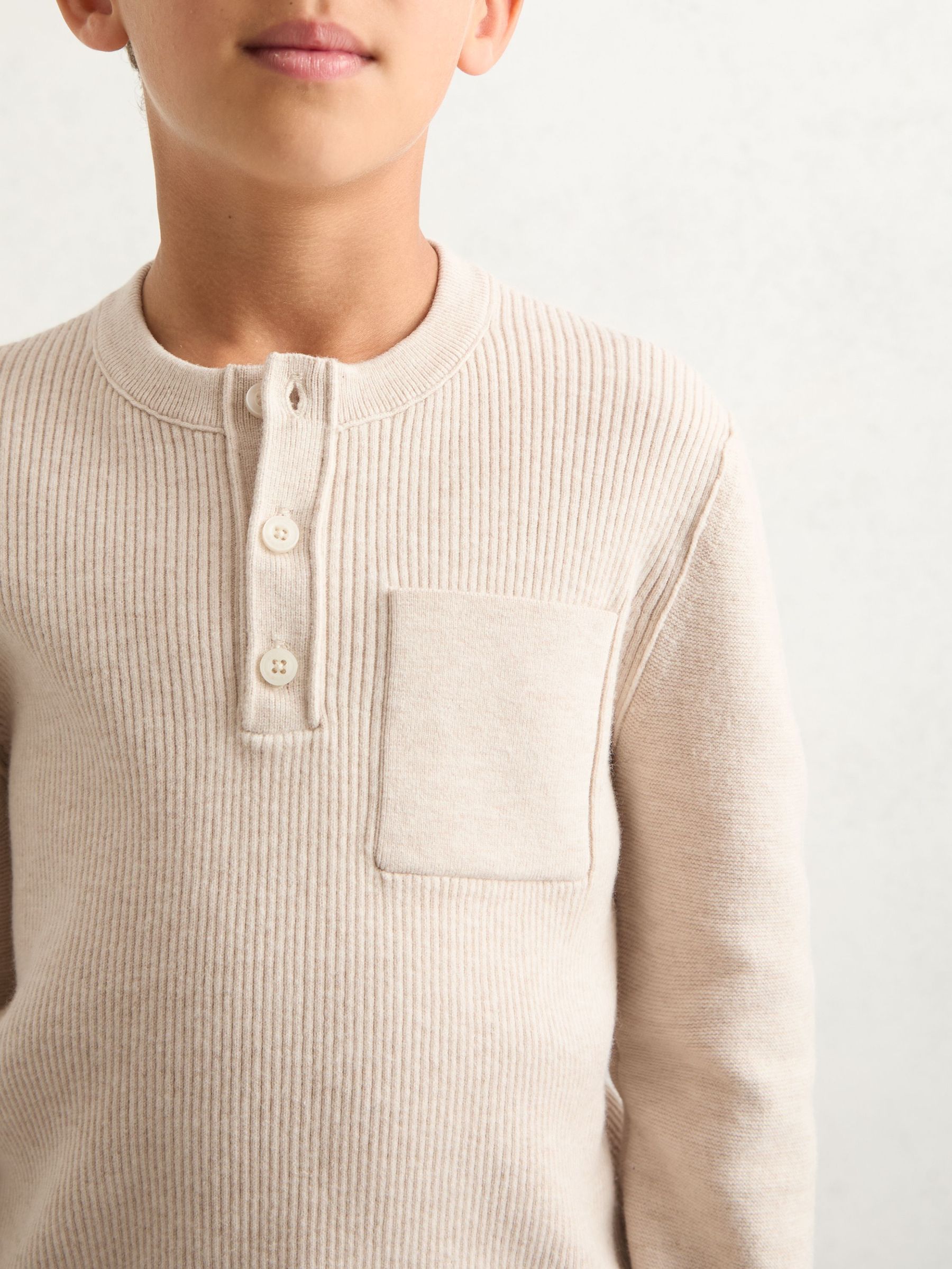 9-13 yrs Cotton-Blend Rib-Knit Henley Top in Oatmeal Melange (H50338) | $75