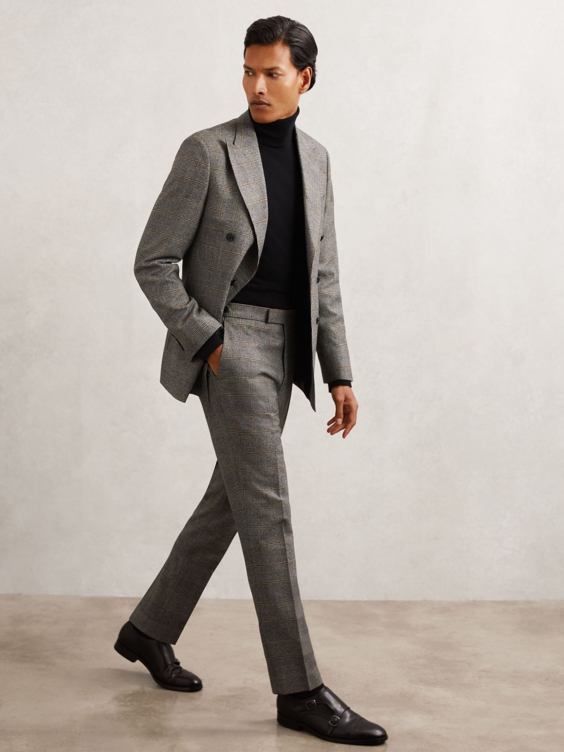 Wool Check Tailored-Fit Suit Trousers in Charcoal Grey (H52009) | $295