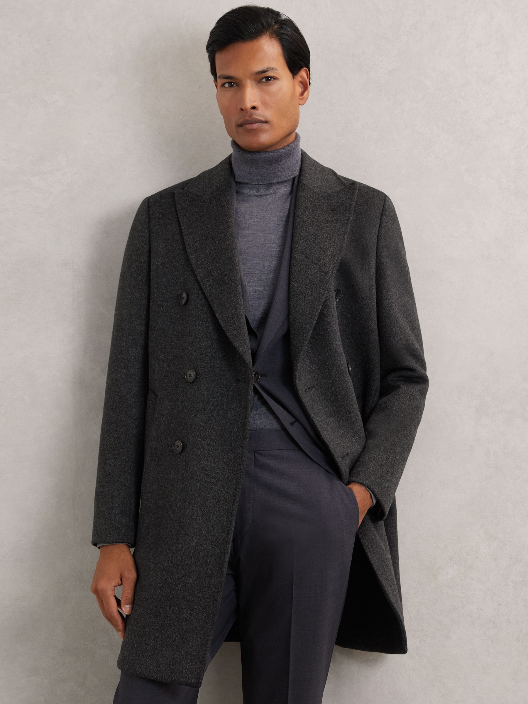 Wool-Blend Double-Breasted Overcoat in Charcoal Grey (H52206) | $595