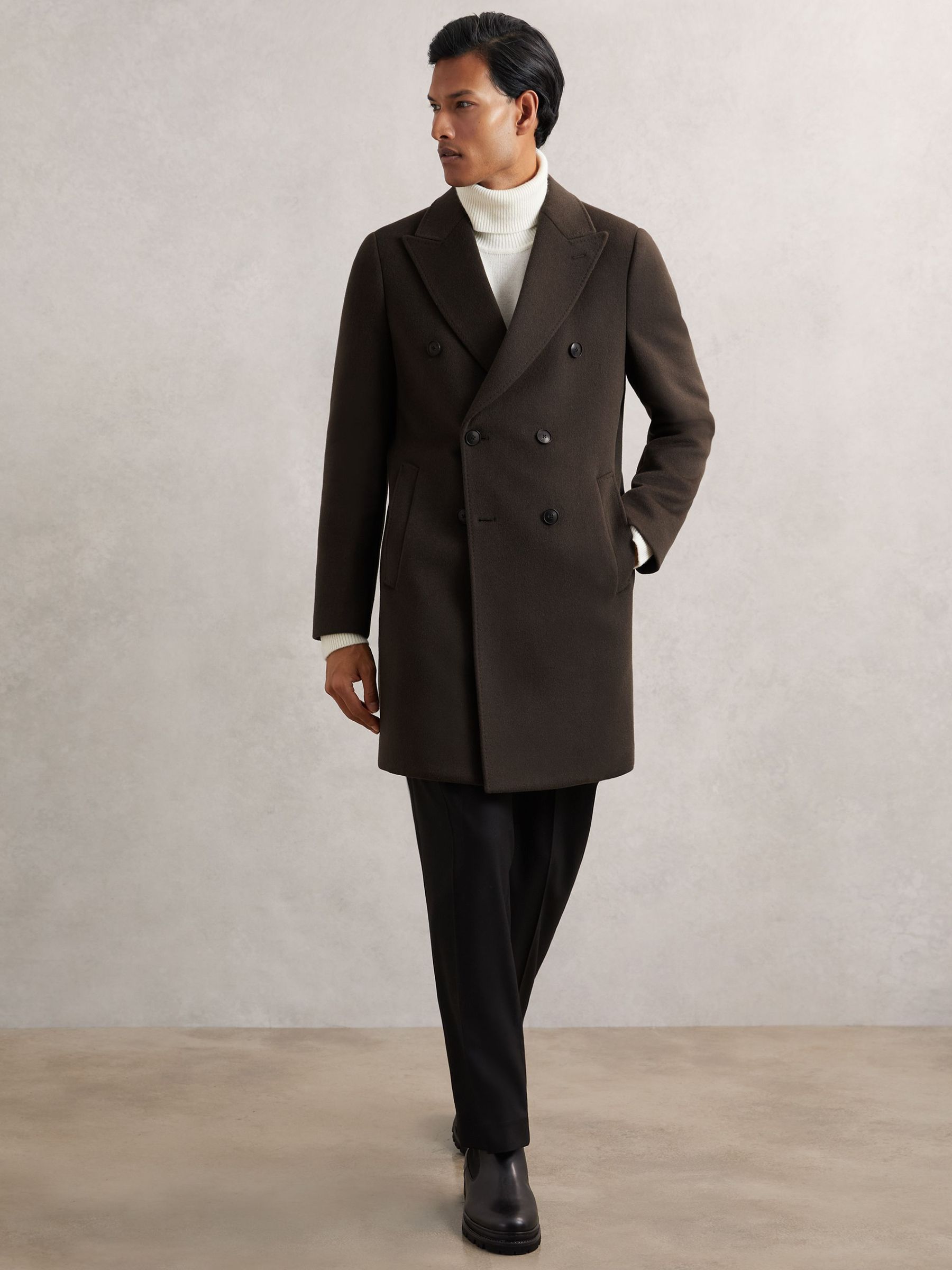 Wool-Blend Double-Breasted Overcoat in Dark Khaki Green (H52221) | $595