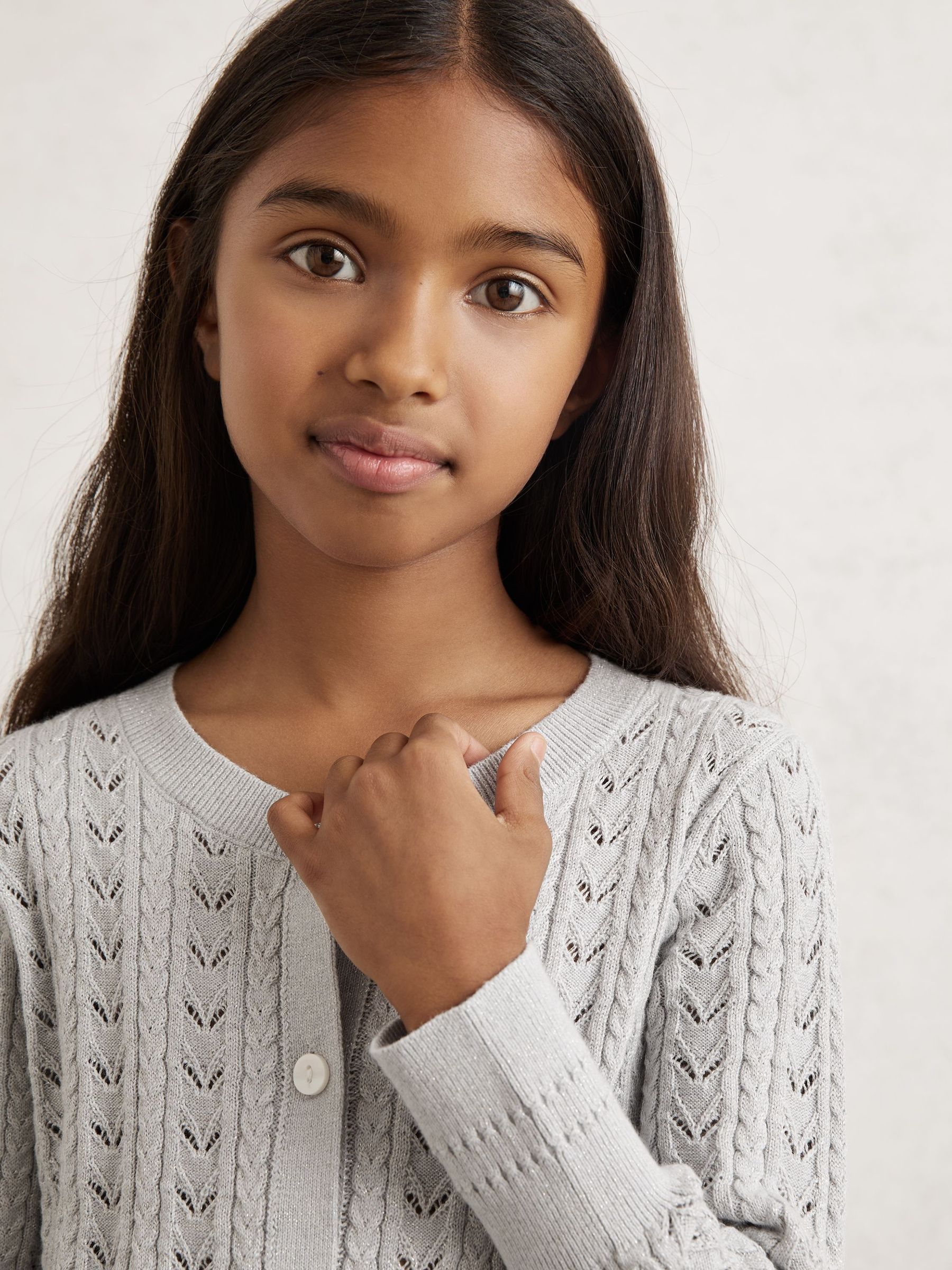 9-13 yrs Cotton And Wool Blend Pointelle Cardigan in Grey (H52222) | $80