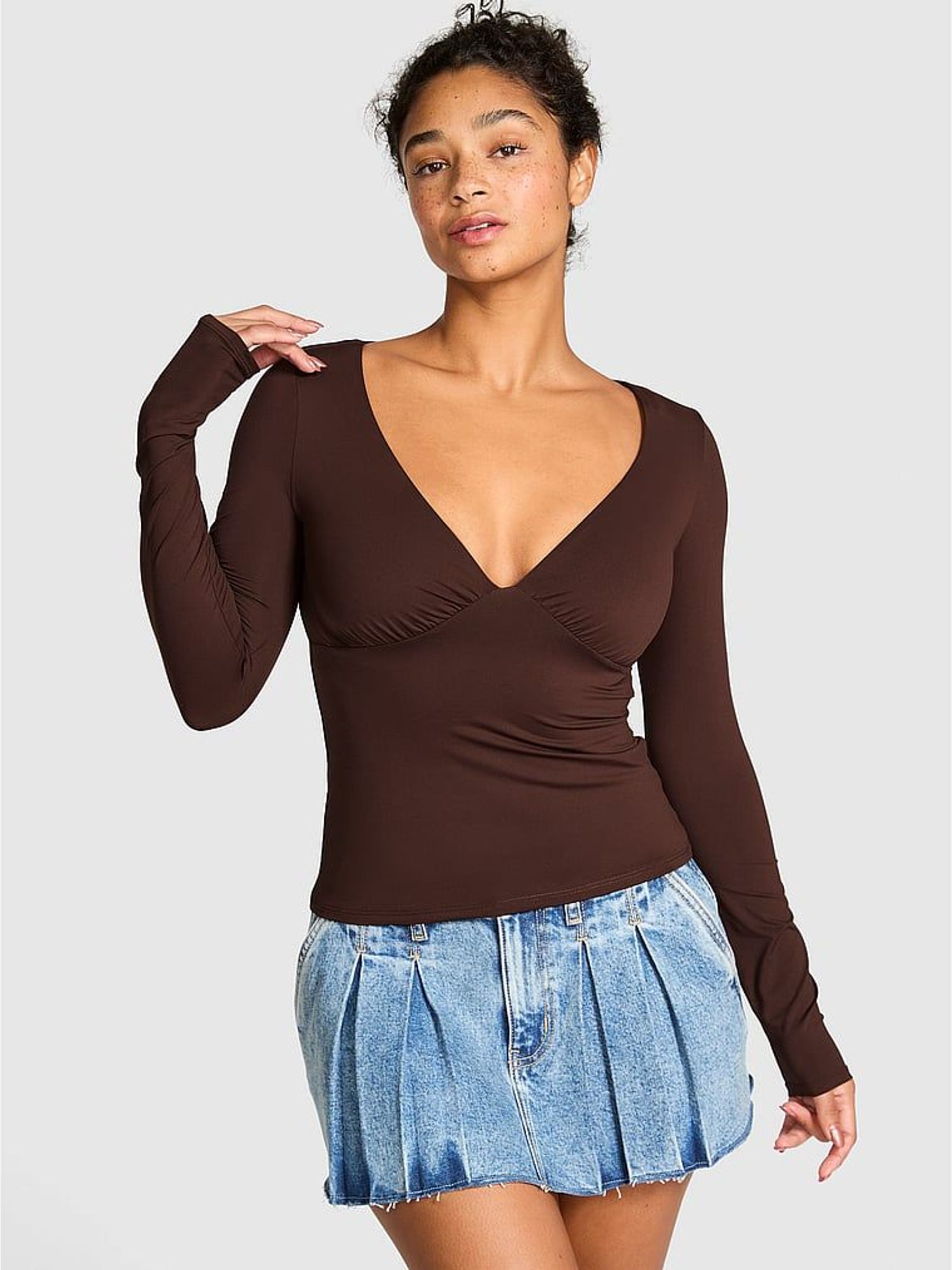 Ganache Brown Ruched Long Sleeve Stretch T-Shirt (H52999) | €37