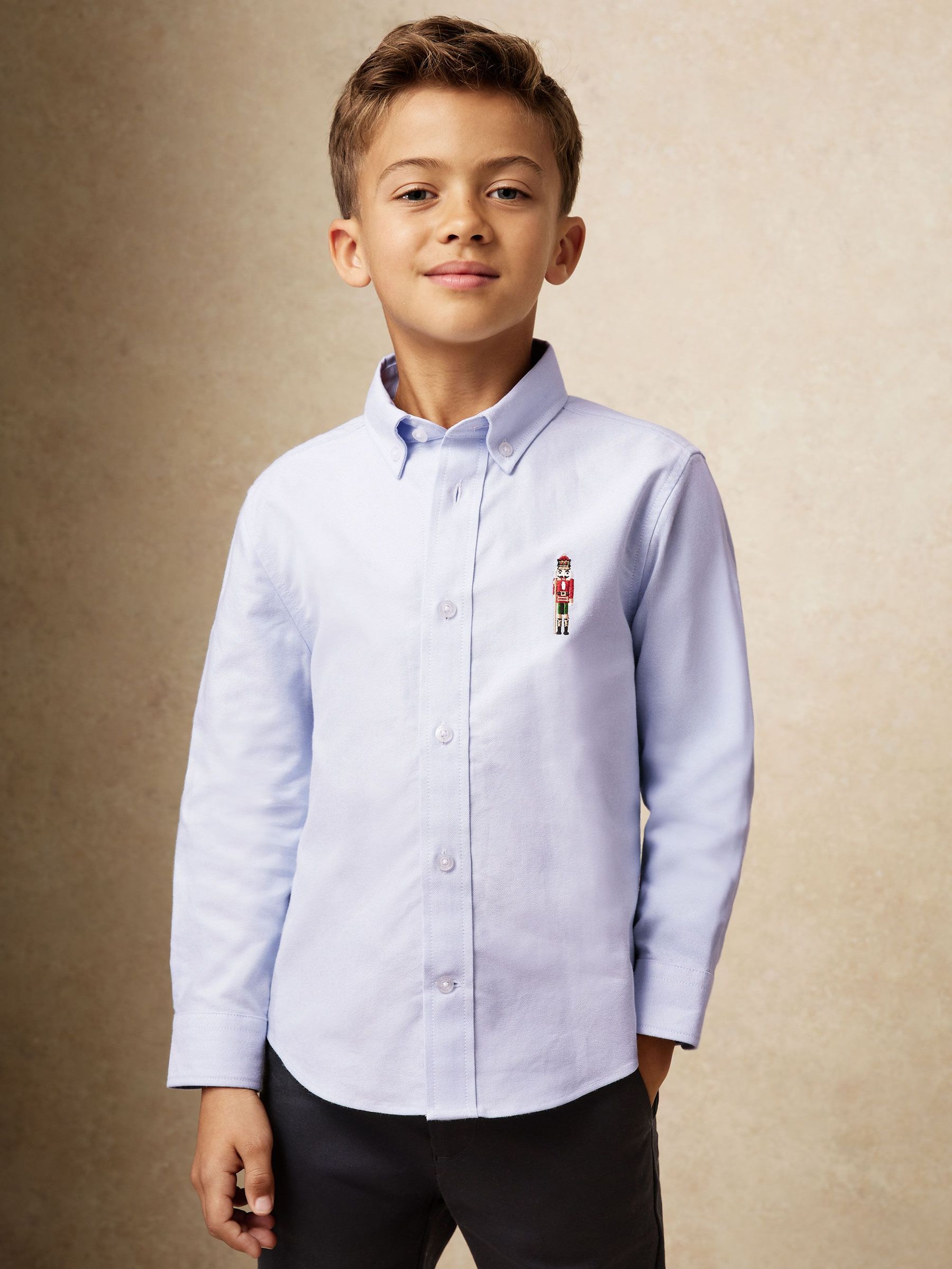 9-13 yrs Nutcracker-Embroidered Oxford Shirt Cotton in Soft Blue (H55422) | $65