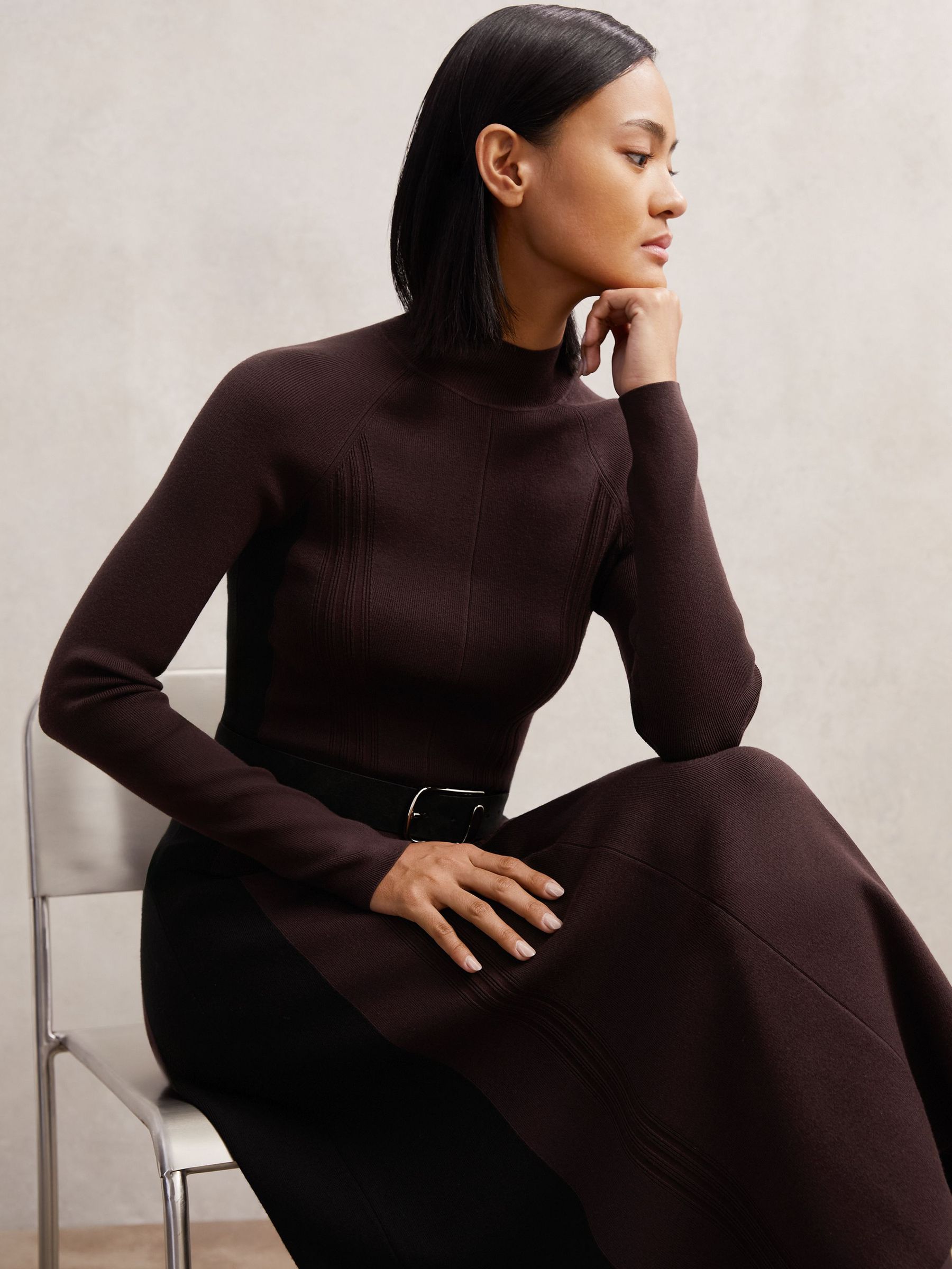 Petite Knitted Contrast-Panel Midi Dress in Plum Purple/Black (H57207) | ₪1,035