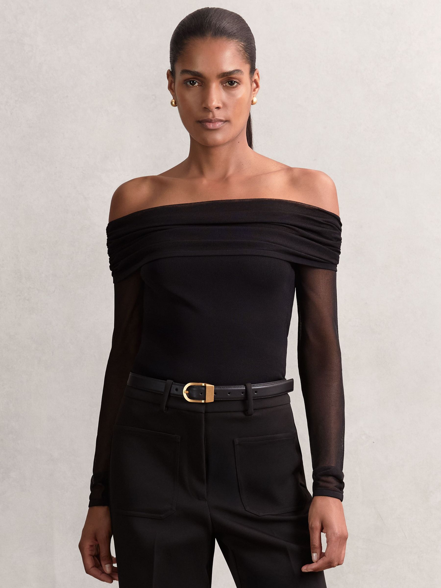 Sheer Mesh Bardot Top in Black (H57217) | Kč4,430