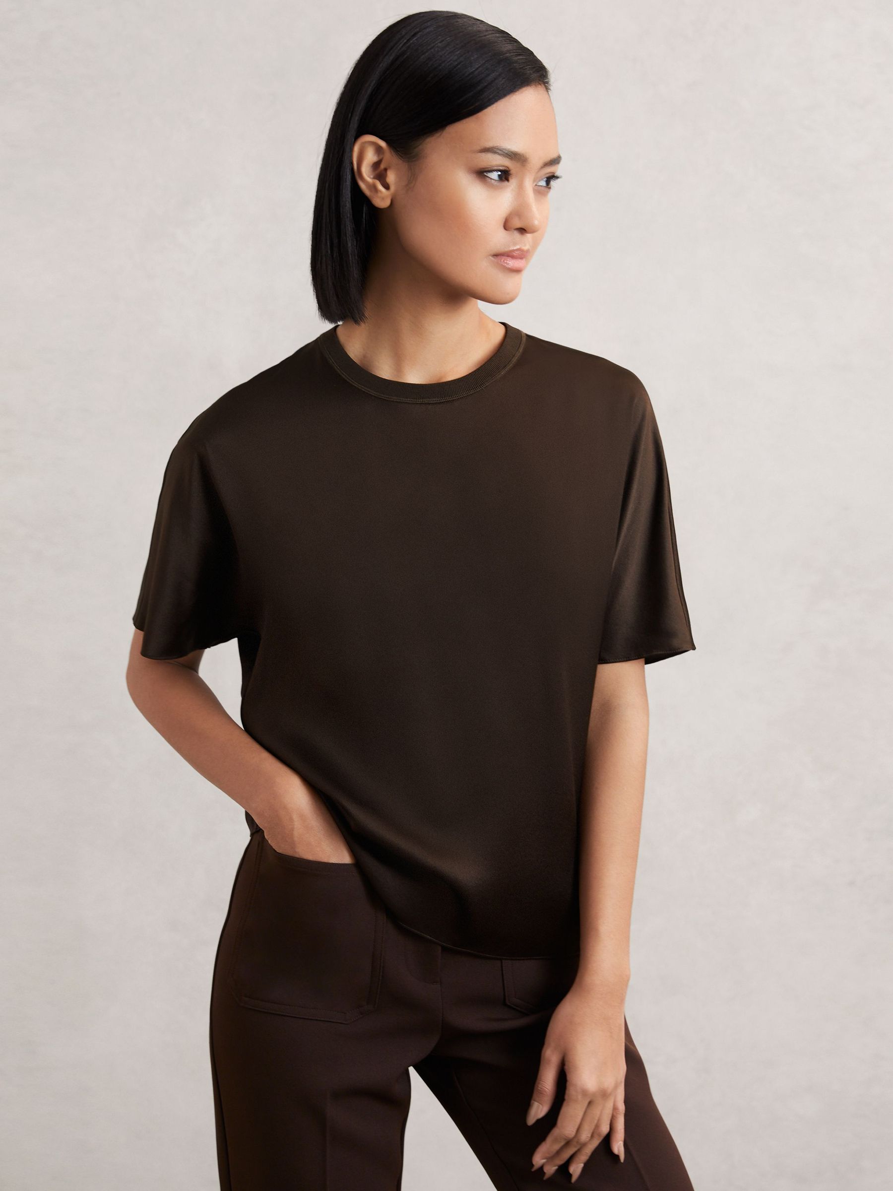 Silk Short-Sleeve Top in Chocolate Brown (H57229) | 810 QAR