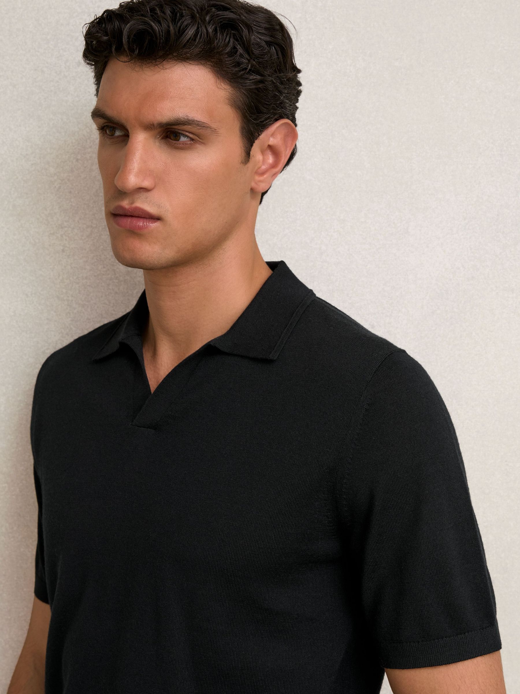 Merino Wool Open Collar Polo Shirt in Black (H57231) | €125