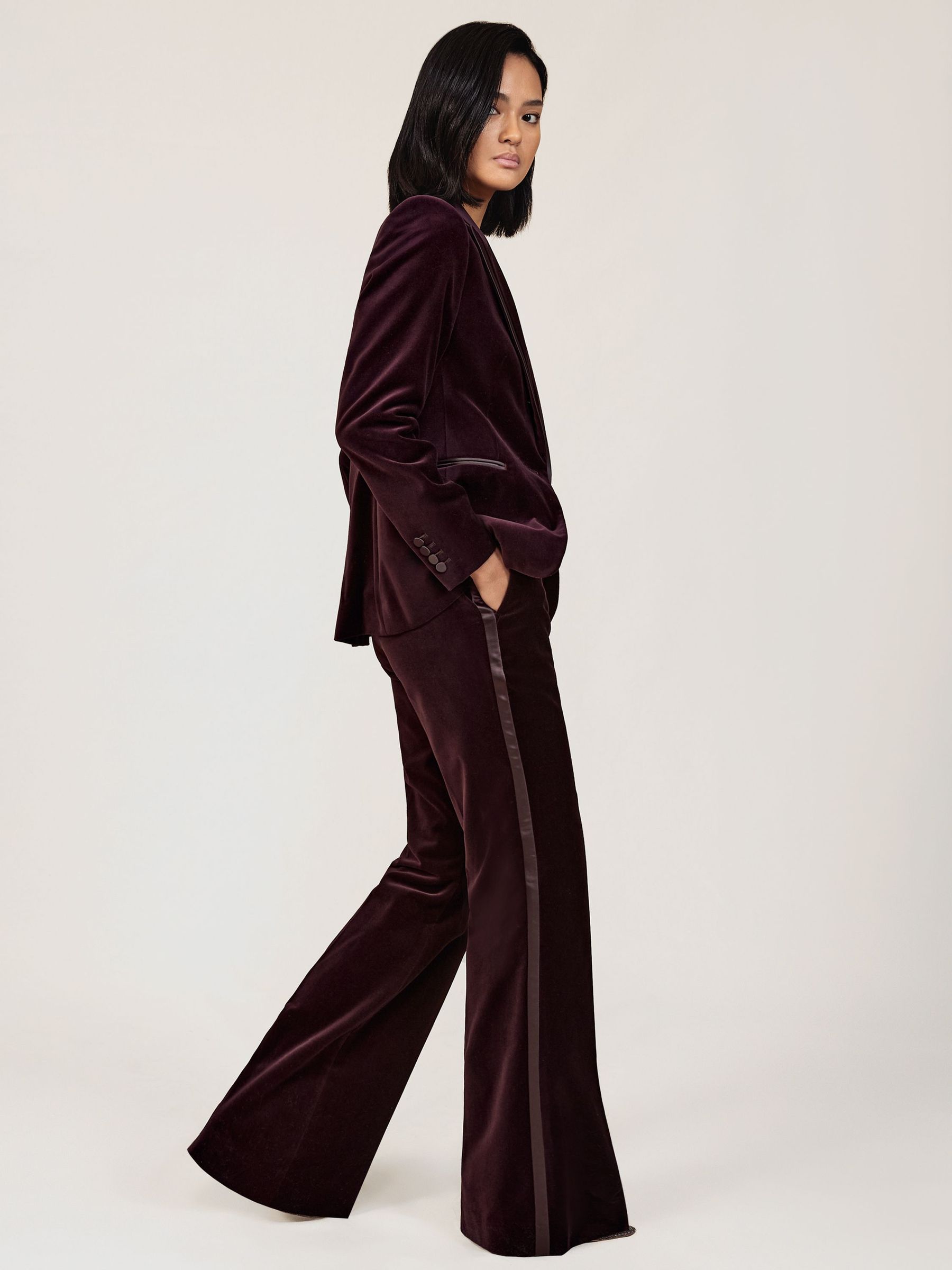 Velvet Tuxedo-Stripe Flared Trousers in Burgundy (H58089) | 980 QAR