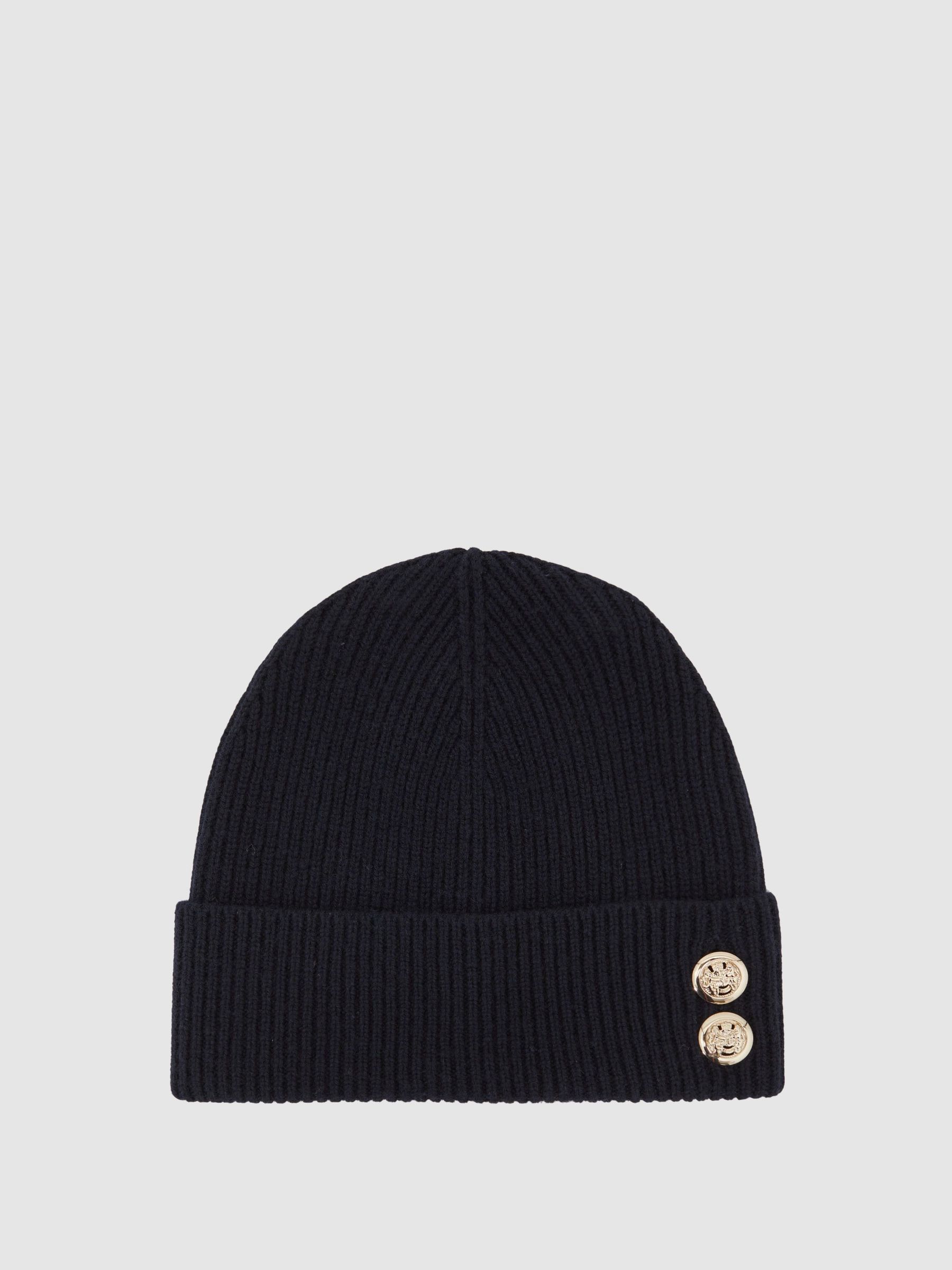 Merino Wool Blend Button Beanie With Cashmere in Navy (H58101) | 320 QAR