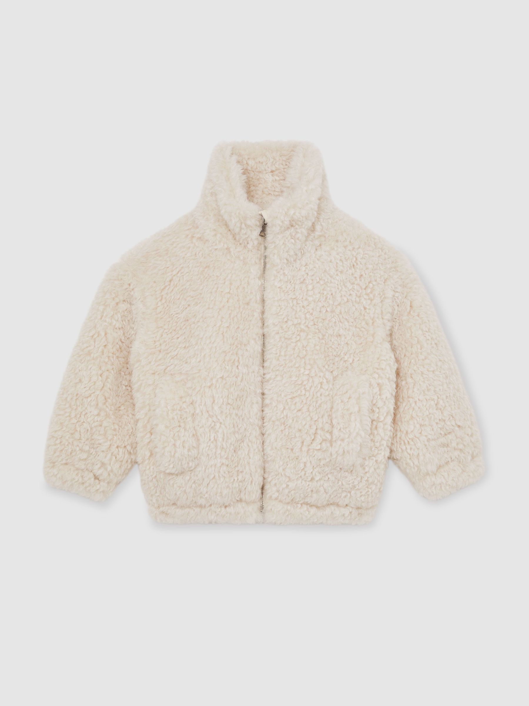 Faux-Shearling Funnel-Neck Coat in Ivory (H58109) | 615 QAR