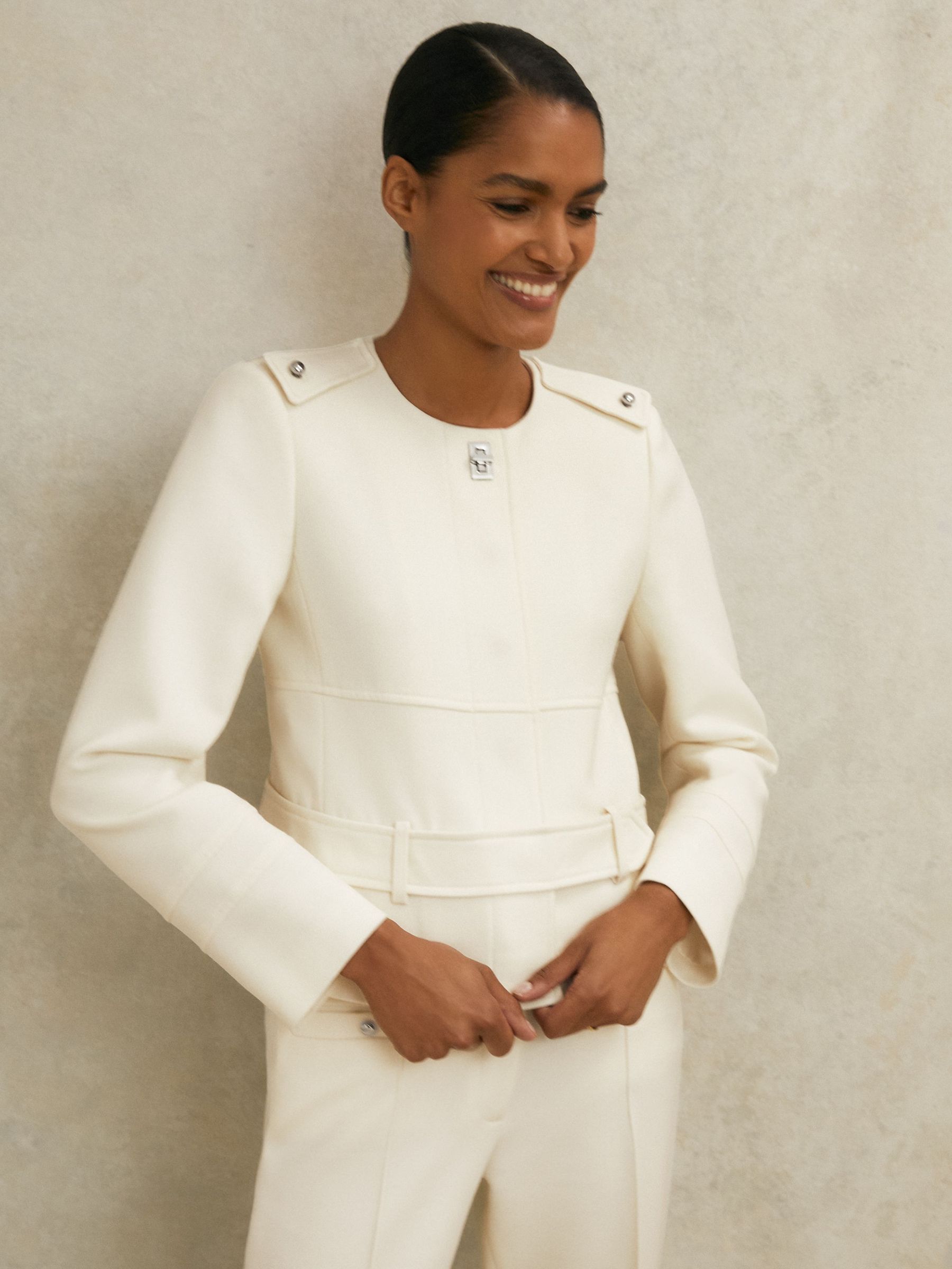 Atelier Wool Collarless Belted Jacket in White (H59739) | 2,095 QAR