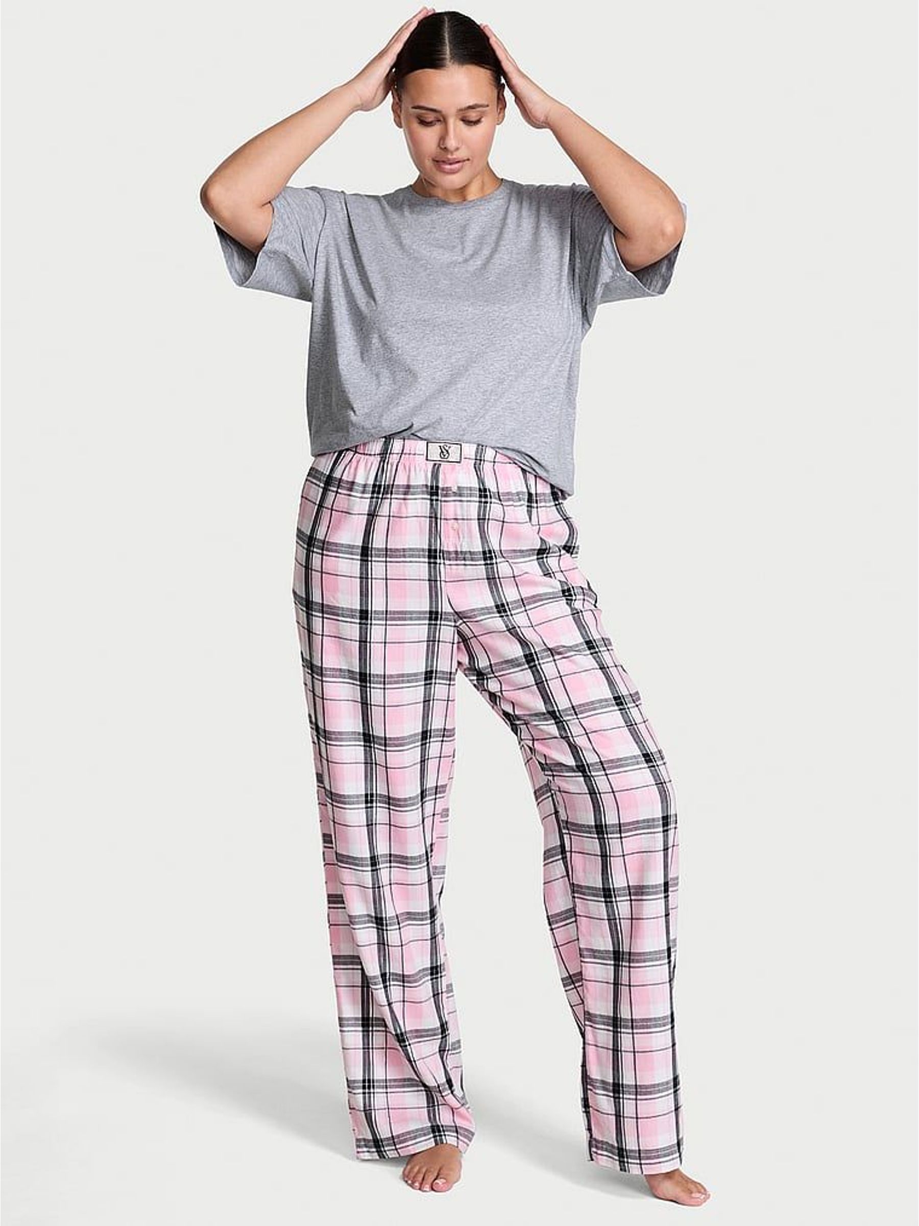 Medium Heather Grey/ Black & Pink Stripe Flannel Short Sleeve Long Pyjama Set (H60322) | €69