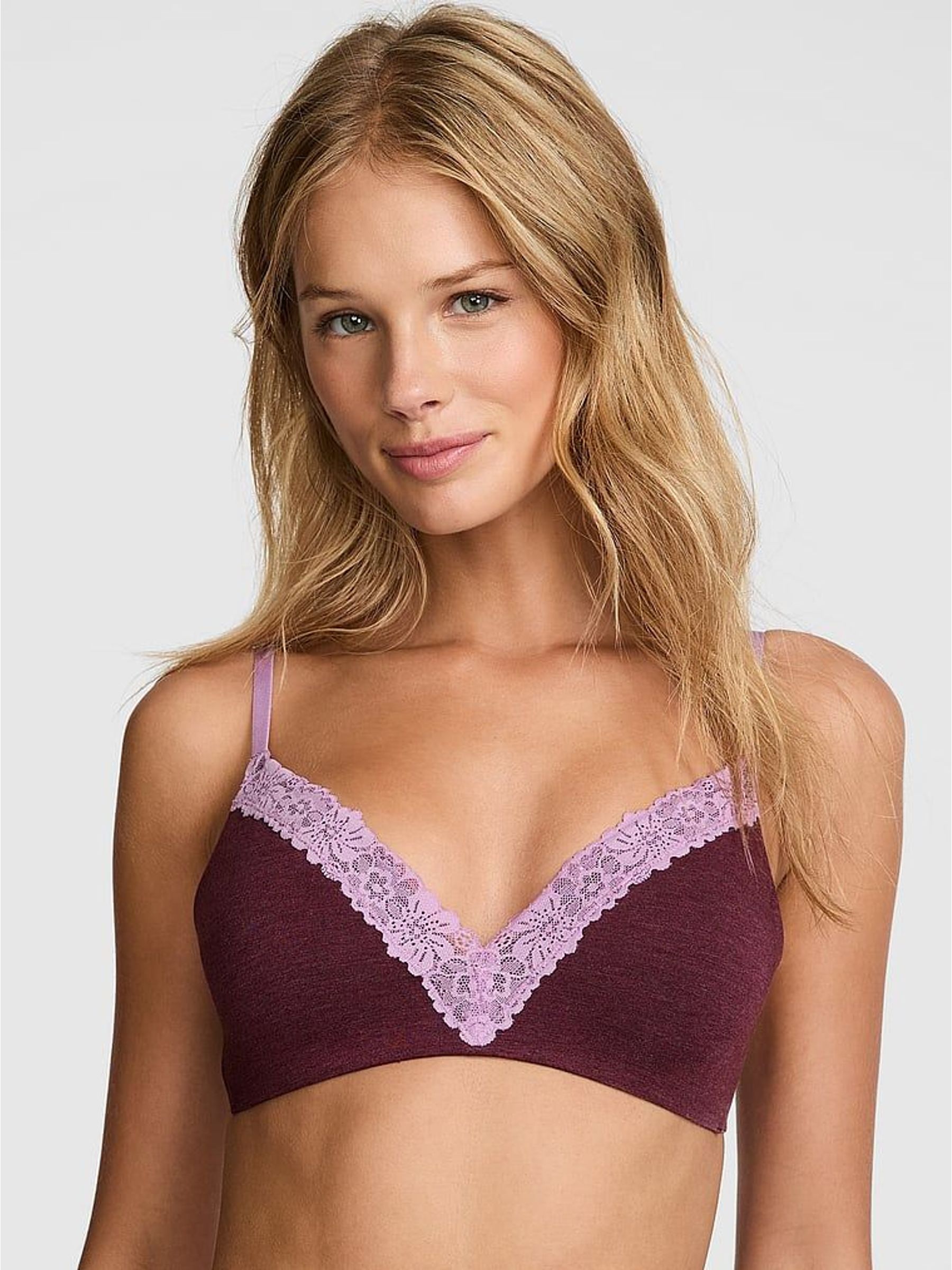 Burgandy Red Non Wired Push Up Cotton Heather Lace Trim Bra (H60347) | €36