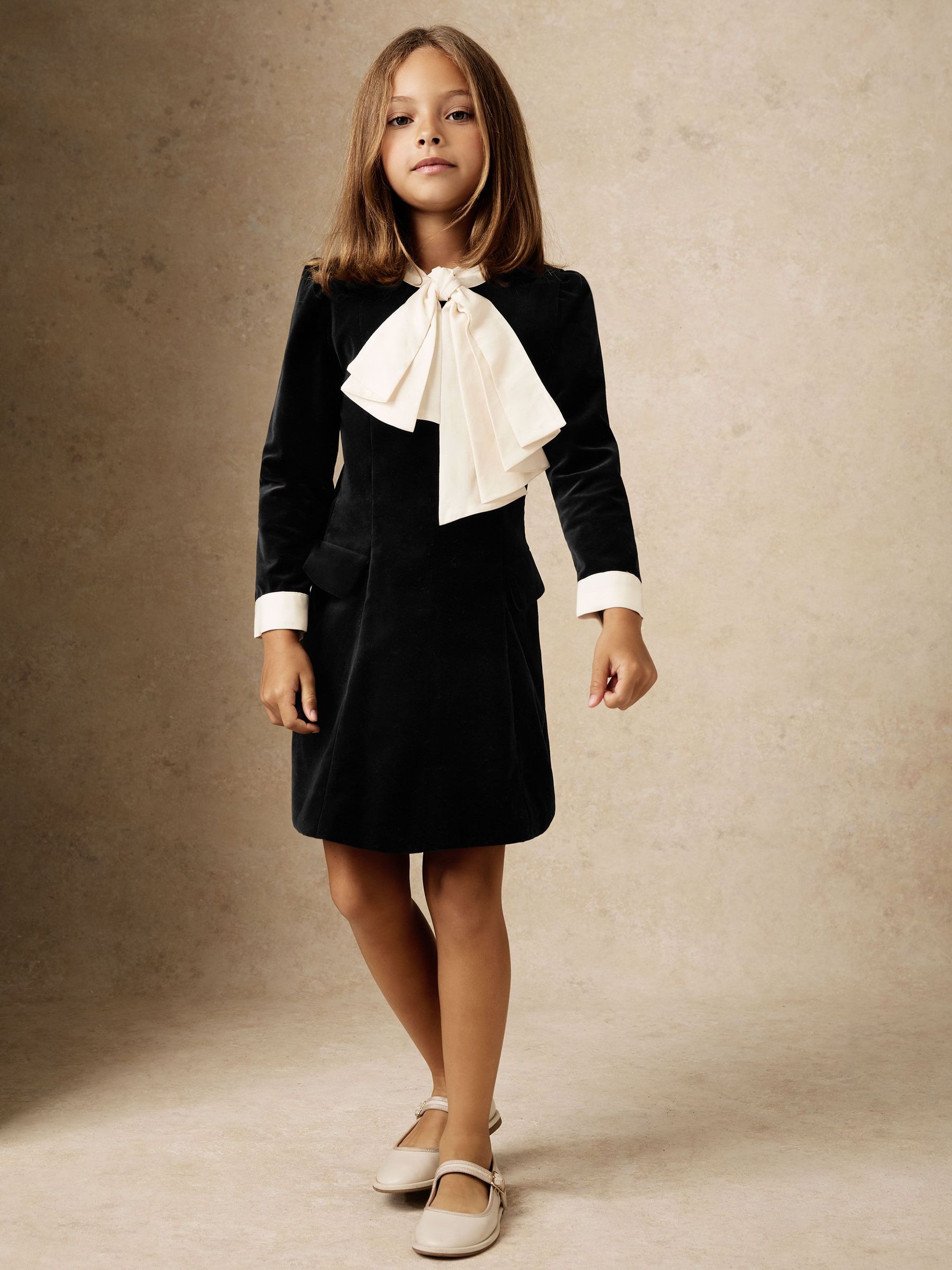 9-13 yrs Velvet Tie-Neck Dress in Black (H60468) | $165