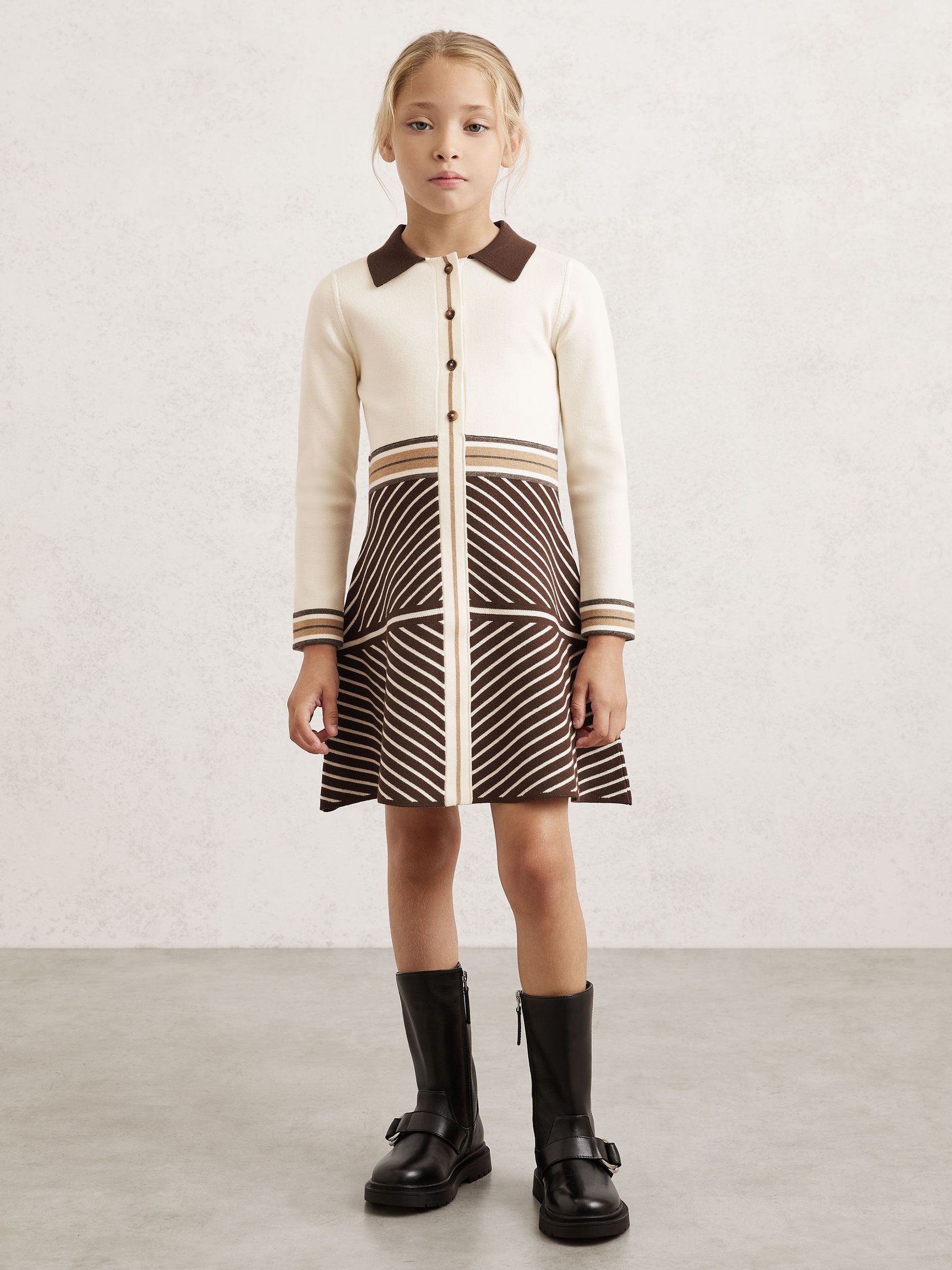 3-9 yrs Stripe-Detail Collared Knit Dress in Chocolate (H60478) | $120