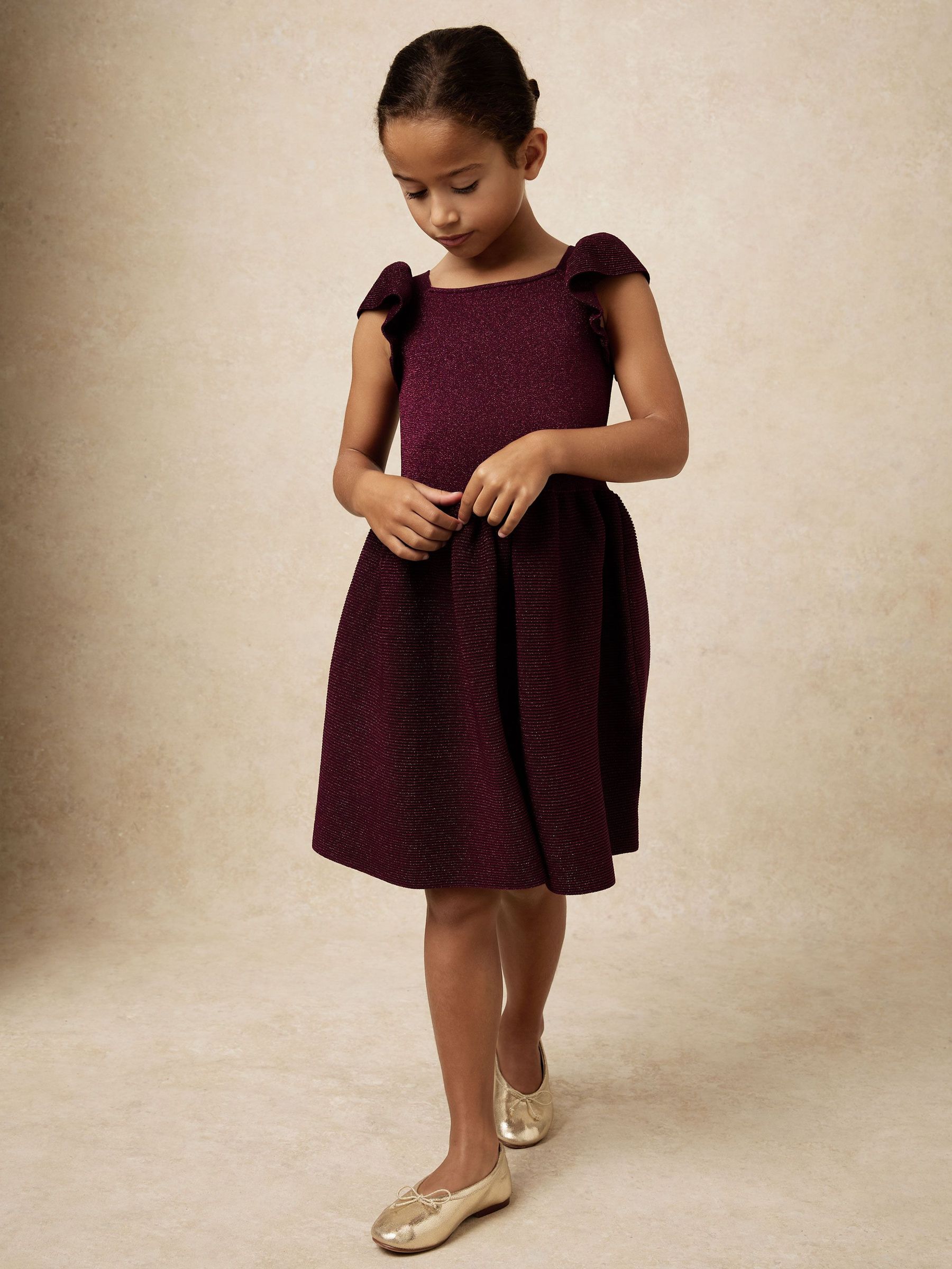 3-9 yrs Stretch Metallic Frill-Sleeve Dress in Berry (H60479) | $115