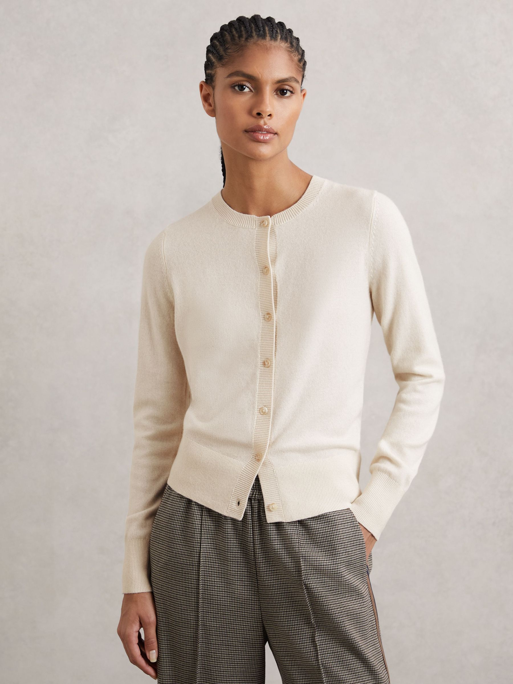 Wool-Blend Crew-Neck Cardigan With Cashmere in Cream (H60489) | 535 QAR