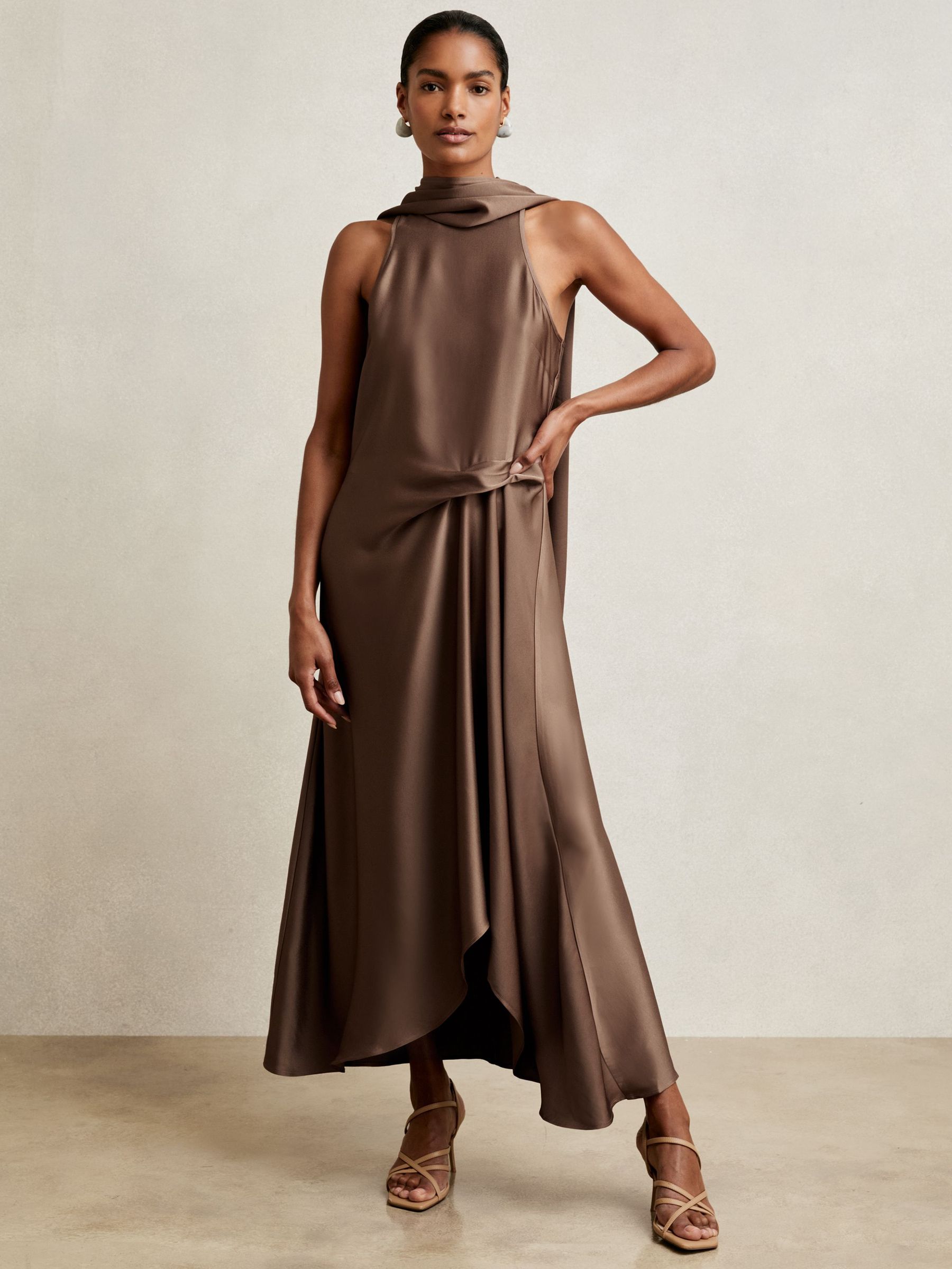Satin Tuck-Detail Cape Midi Dress in Taupe Brown (H60854) | $295