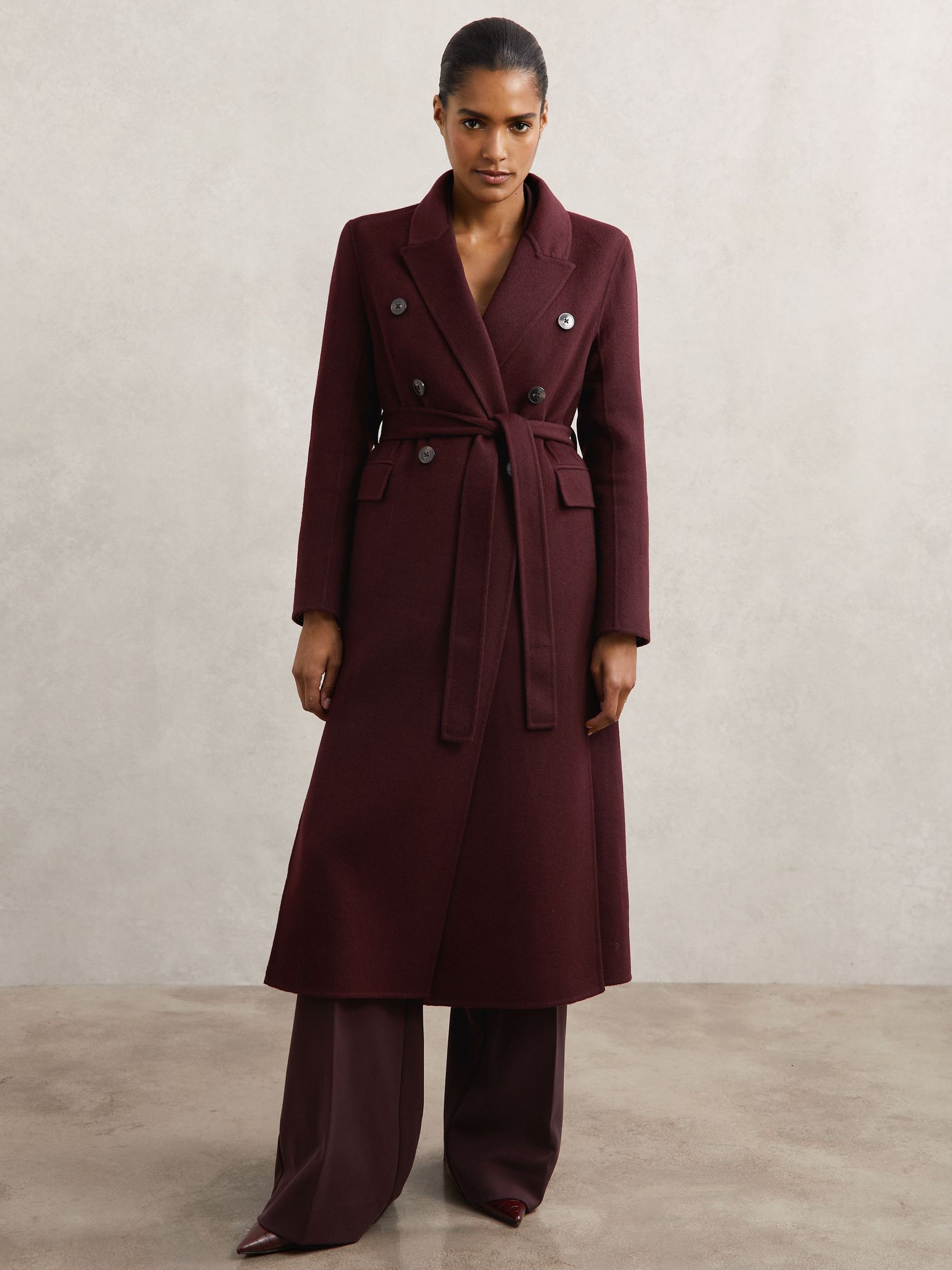 Petite Double-Breasted Blindseam Coat Wool-Blend in Burgundy (H60880) | 1,905 QAR
