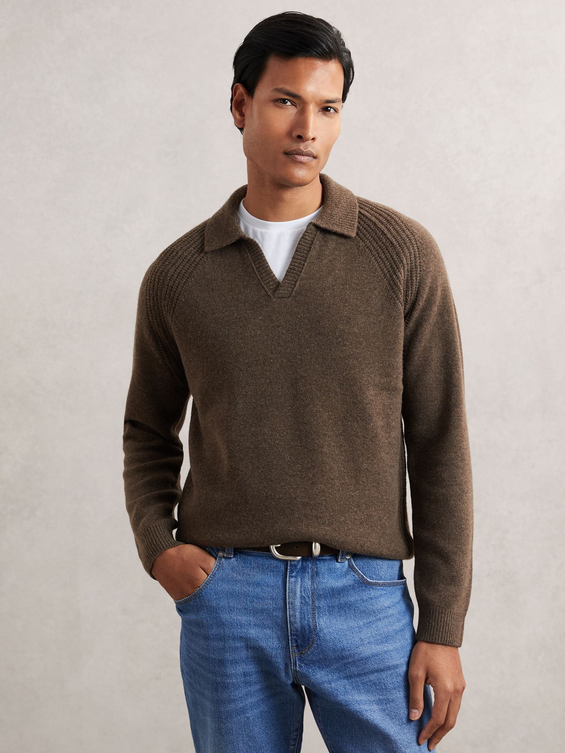 Wool-Cashmere Open-Collar Jumper in Pecan Brown (H62757) | €165