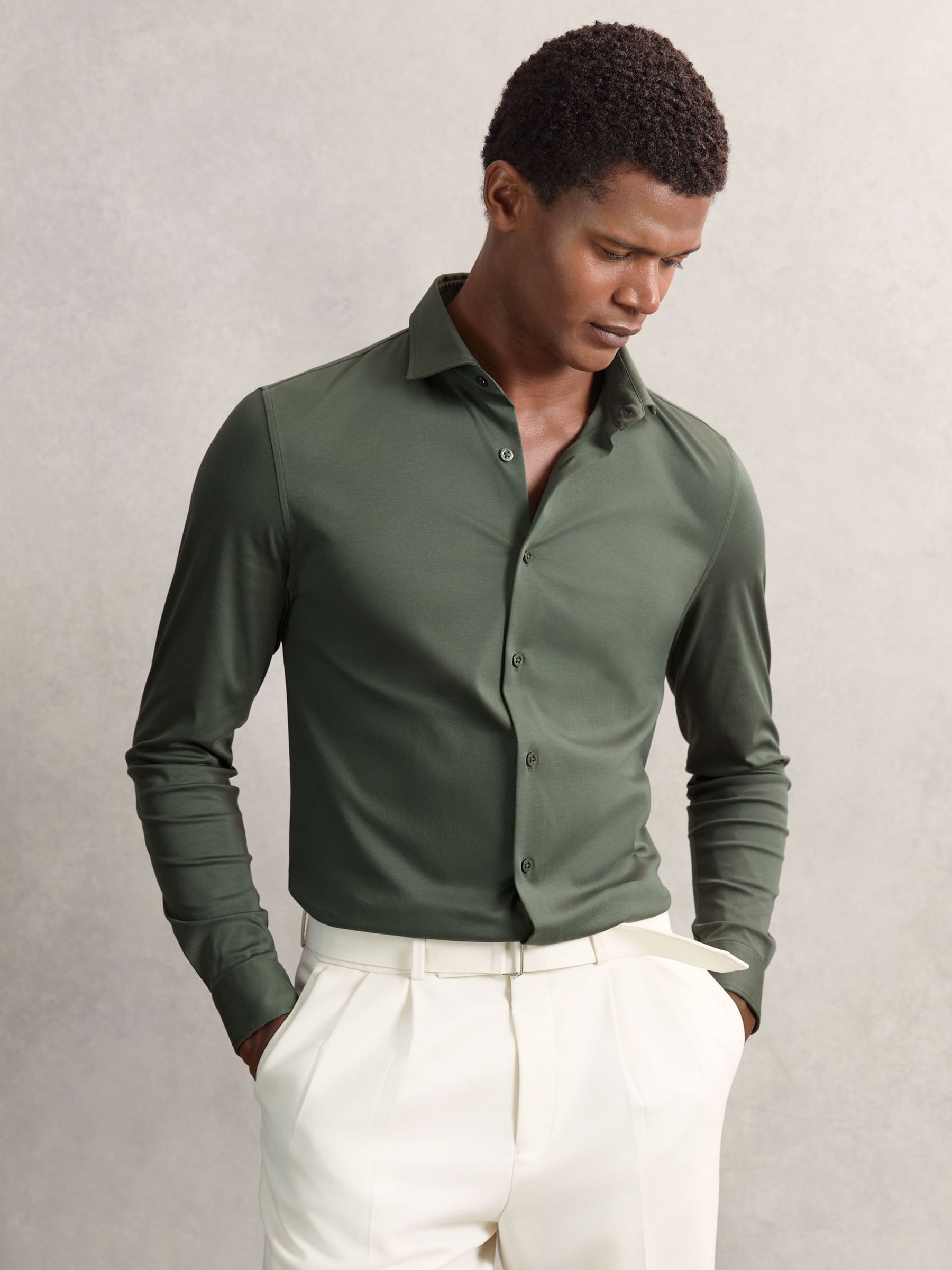 Air-Water Cotton Button-Through Shirt in Kale Green (H62765) | Kč2,660