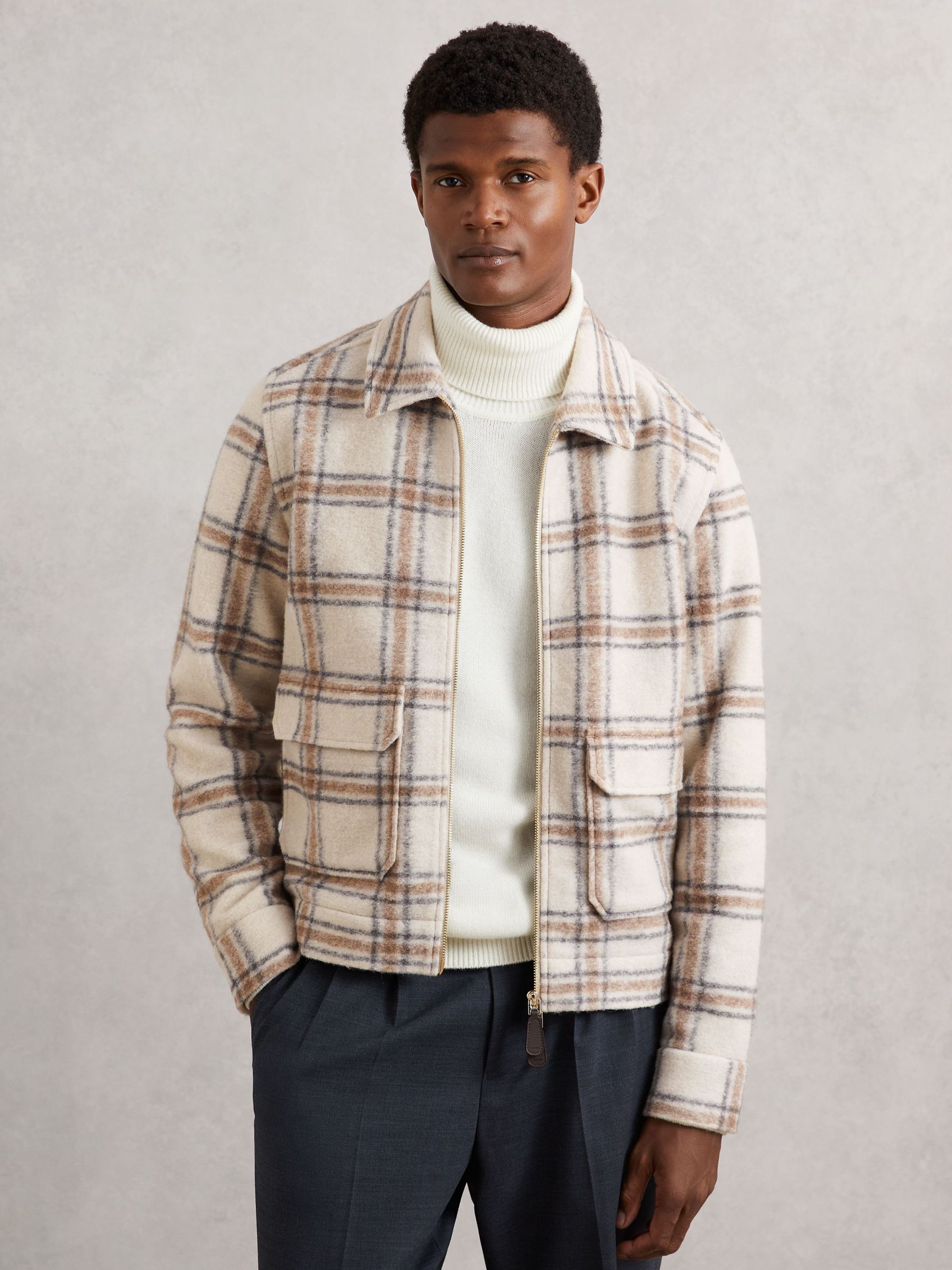 Zip-Through Check Overshirt with Wool in Stone (H62767) | 860 QAR