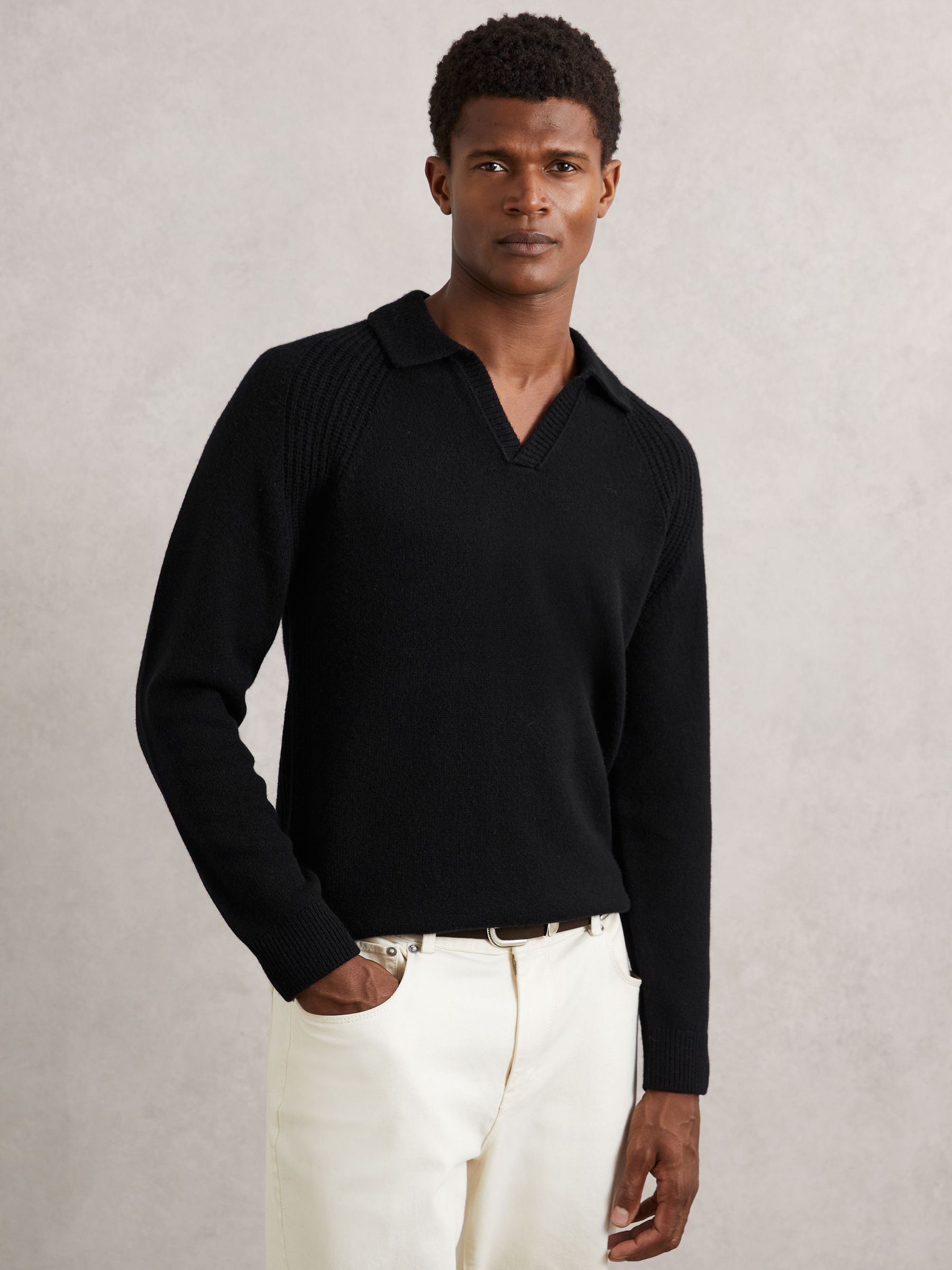 Wool-Cashmere Open-Collar Jumper in Black (H62782) | $220