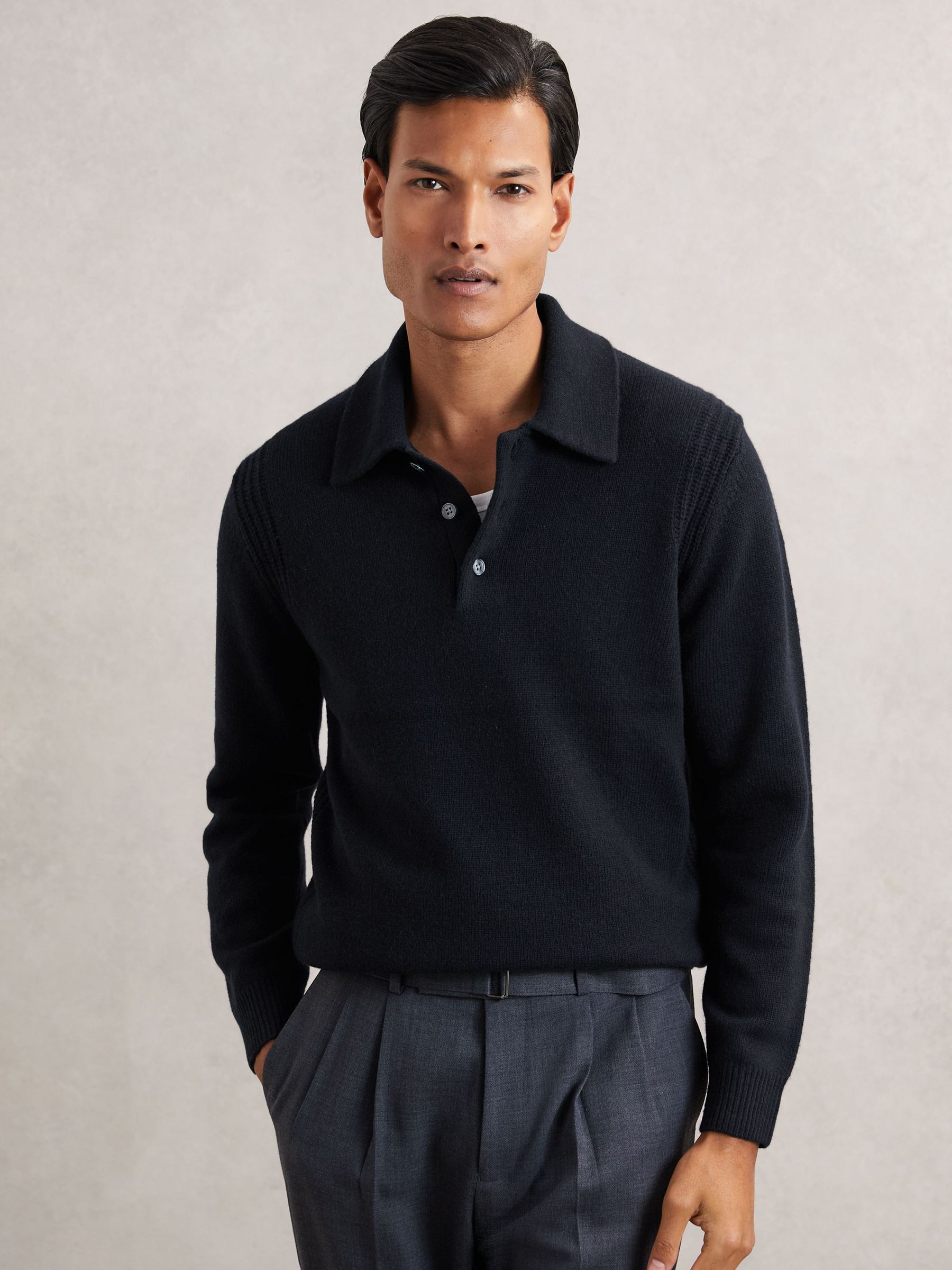 Wool-Blend Polo Jumper with Cashmere in Navy (H62783) | ₪795