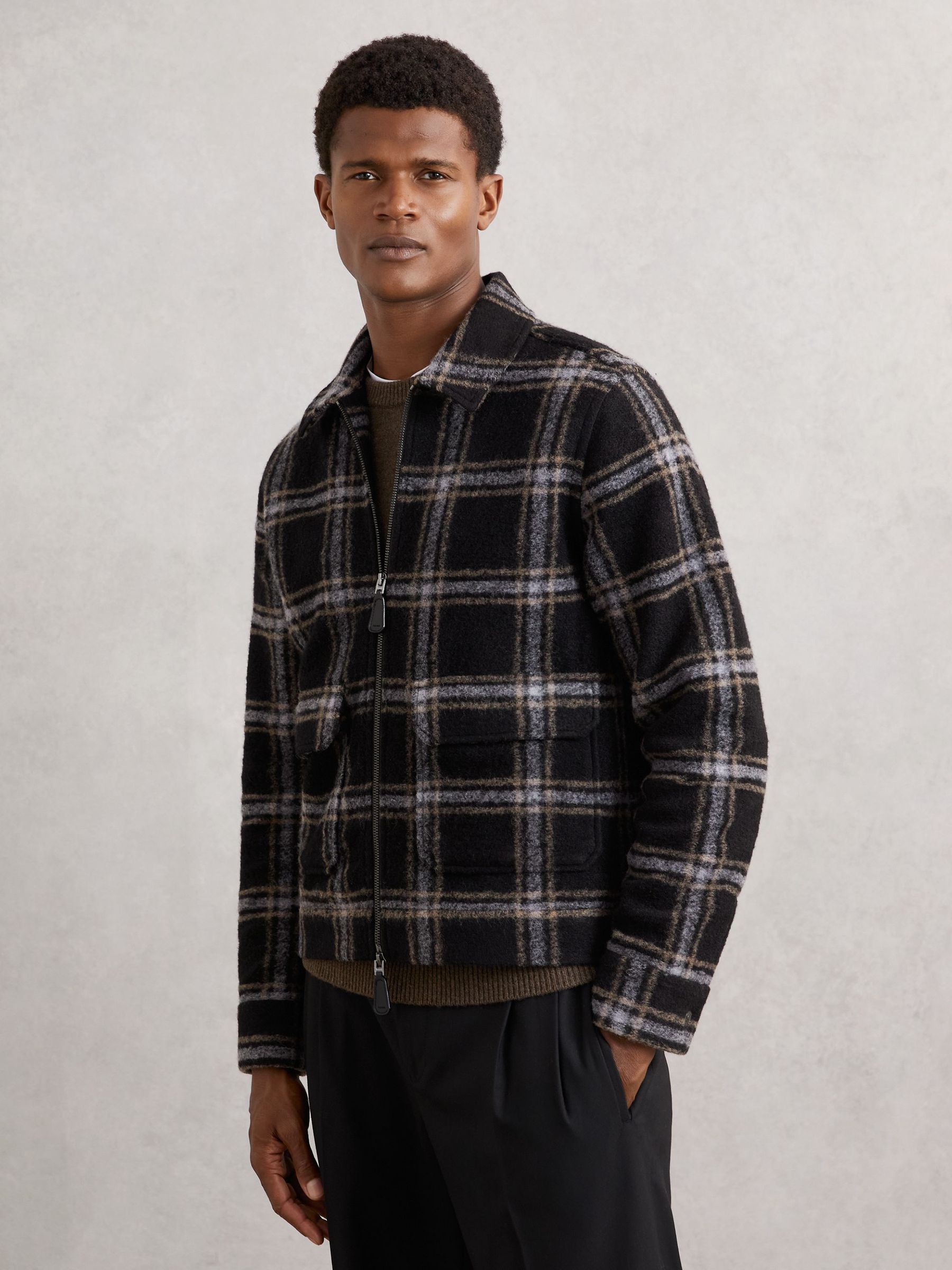 Zip-Through Check Overshirt with Wool in Navy (H62794) | 860 QAR