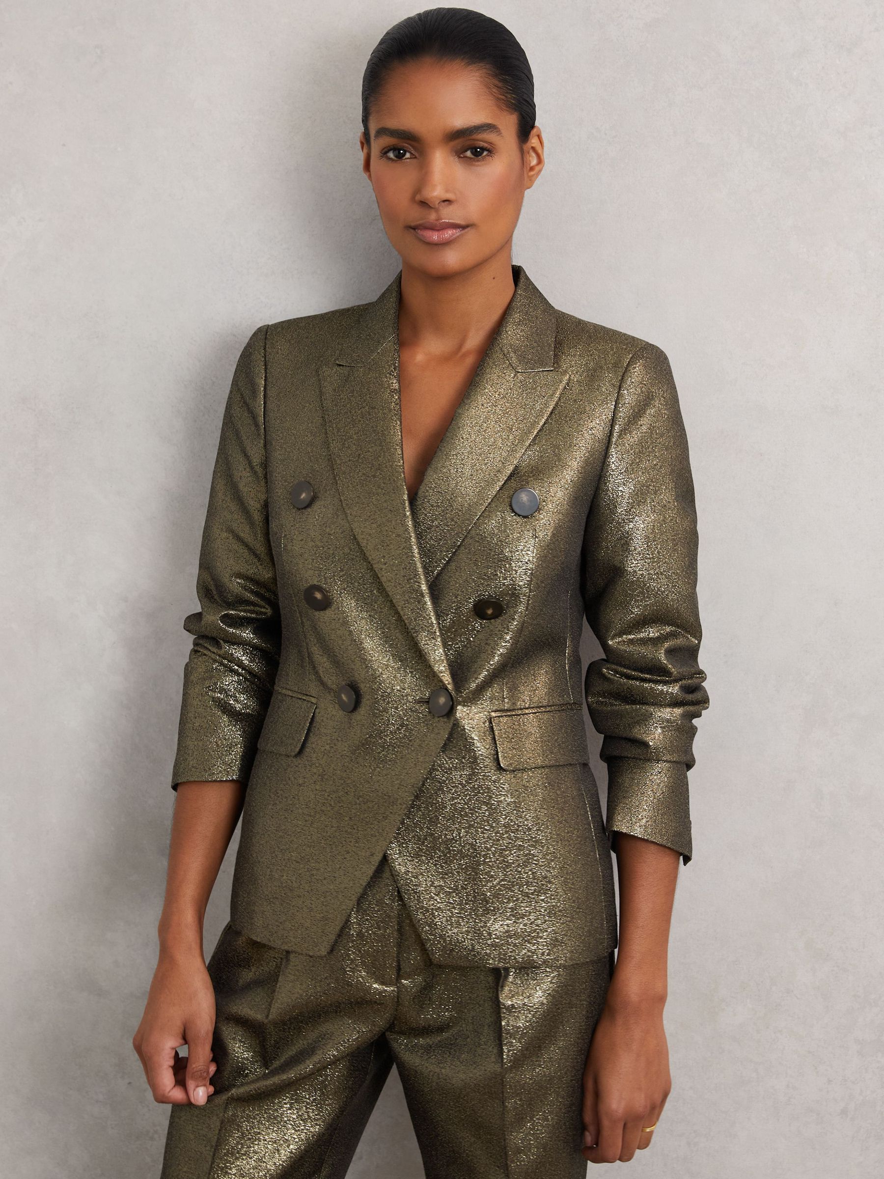 Double-Breasted Metallic Suit Blazer with Cotton in Gold (H64300) | 1,360 QAR