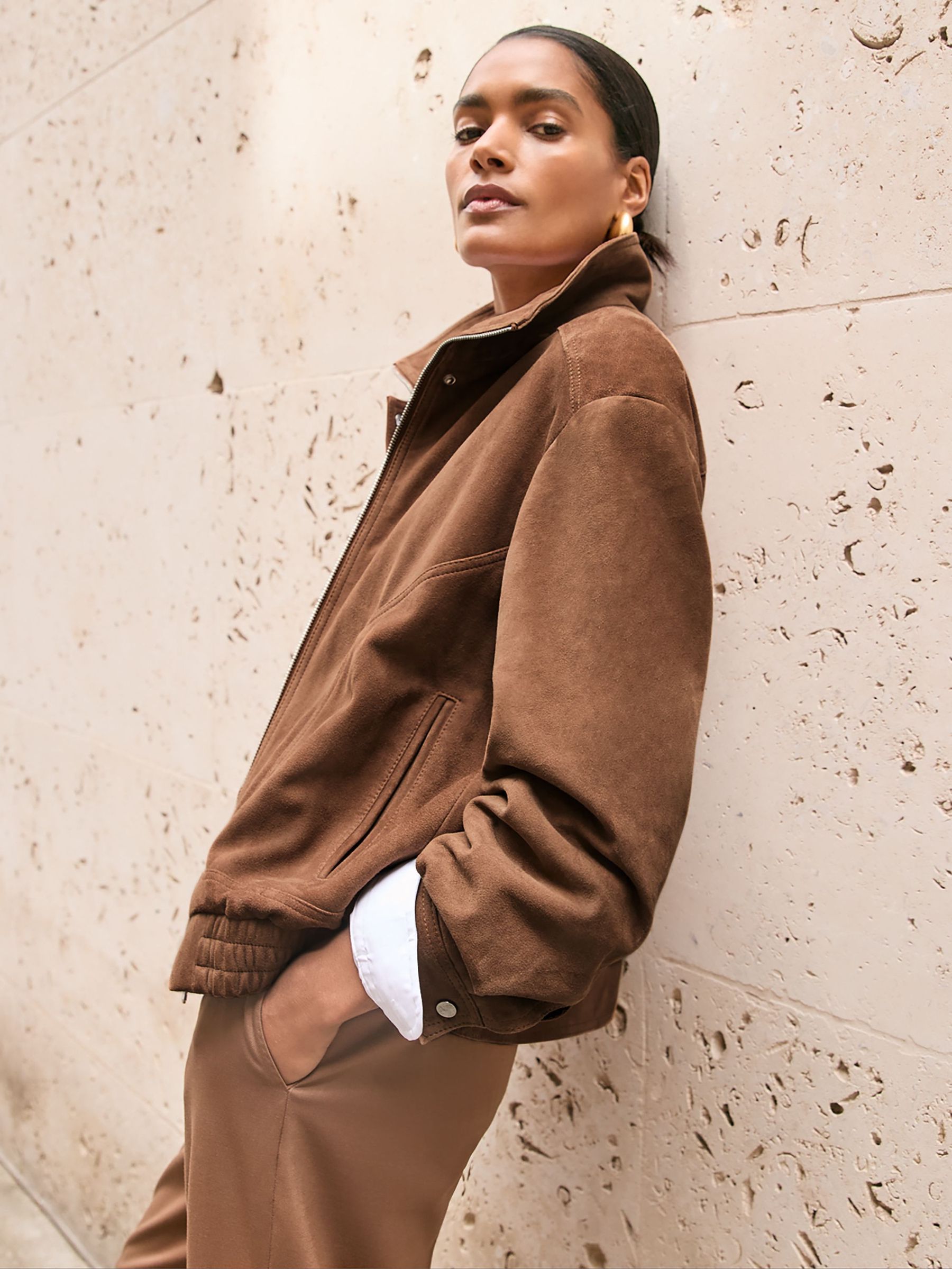 Suede Funnel-Neck Bomber Jacket in Tan (H64307) | CHF 545