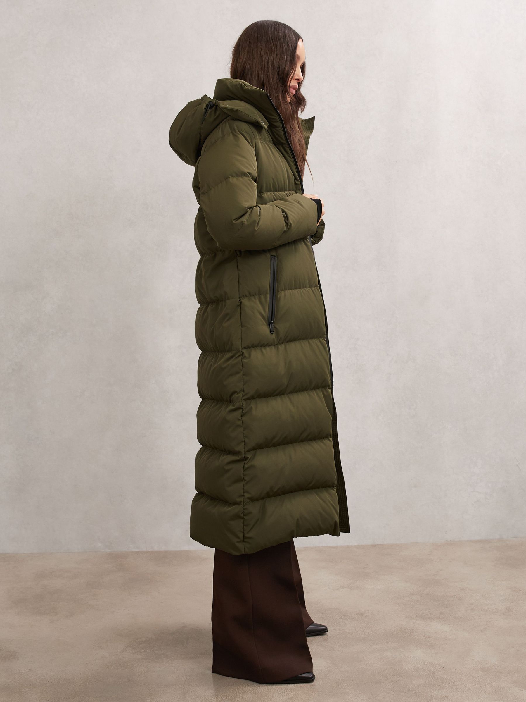 Belted Longline Hooded Puffer Coat in Khaki (H64308) | Kč13,560