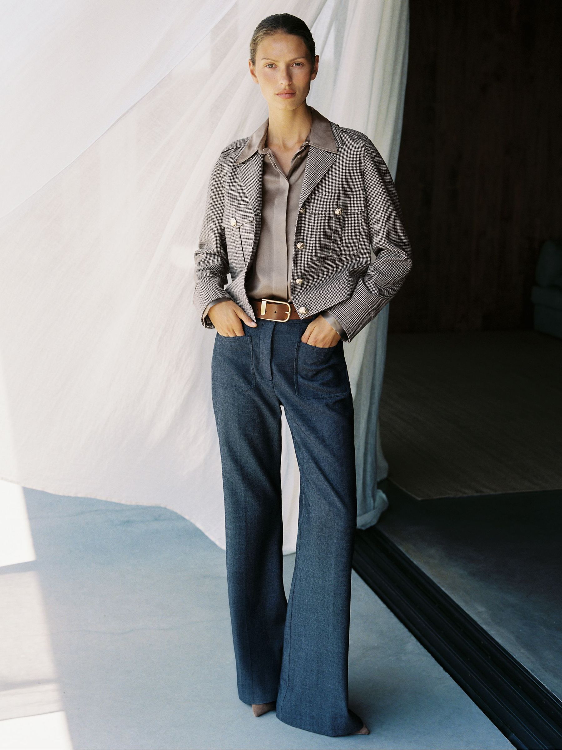 Flannel Patch-Pocket Flared Trousers with Wool in Blue (H64313) | 980 QAR