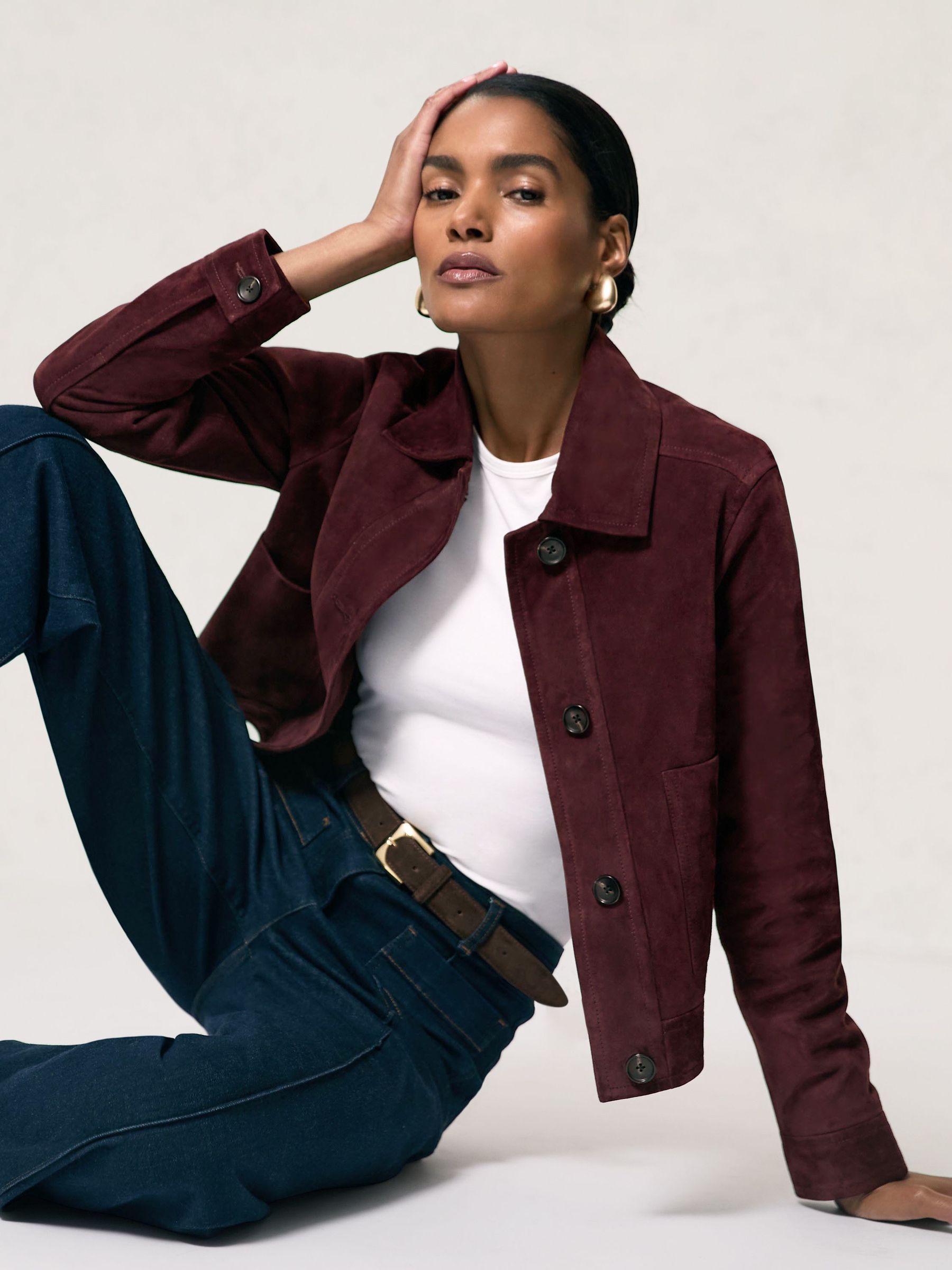 Suede Button Through Jacket in Burgundy (H64315) | CHF 485