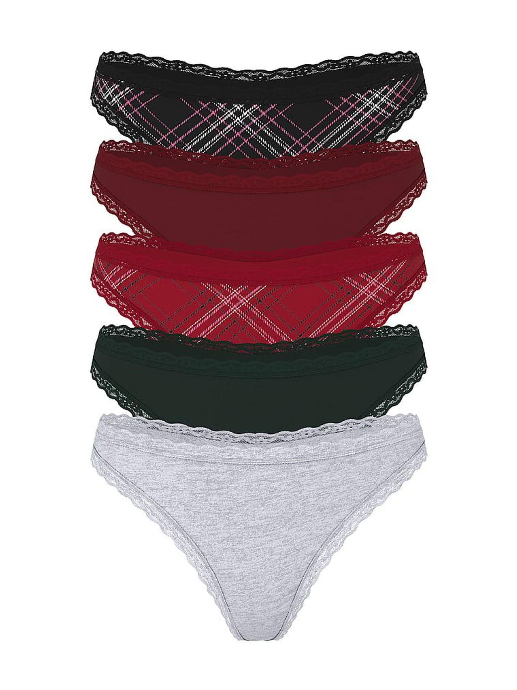 Black/Red/Green/Grey Thong 5 Pack Cotton Lace Trim Knickers (H64900) | €33