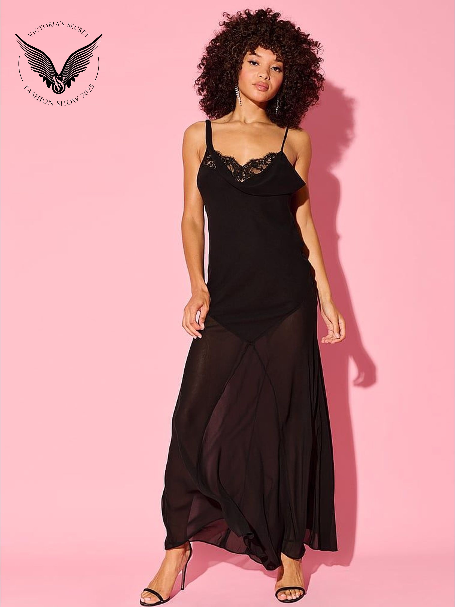 Black Chiffon & Lace Draped Slip Gown (H64977) | €138