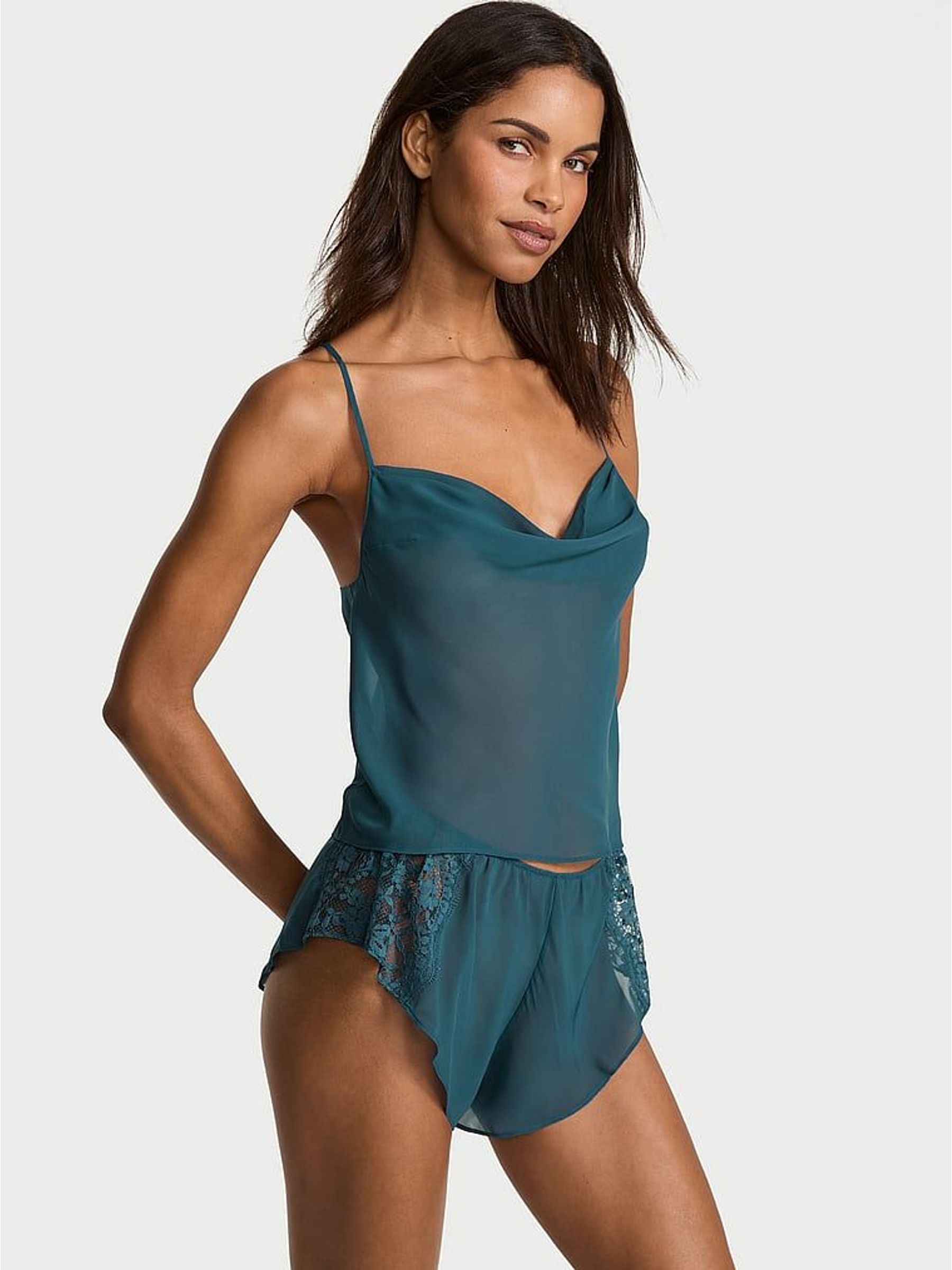 Teal Haze Blue Chiffon & Lace Open Back Flutter Cami Set (H64990) | €87
