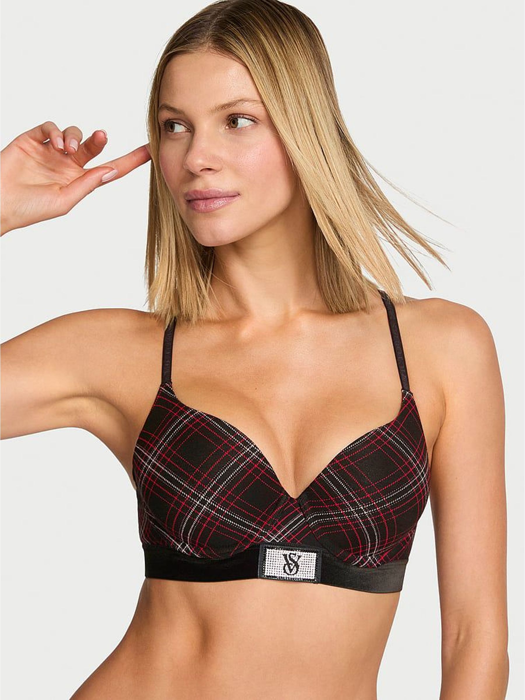 Black Tartan Full Cup Push Up Logo Shine Patch Velvet Bra (H65011) | €51