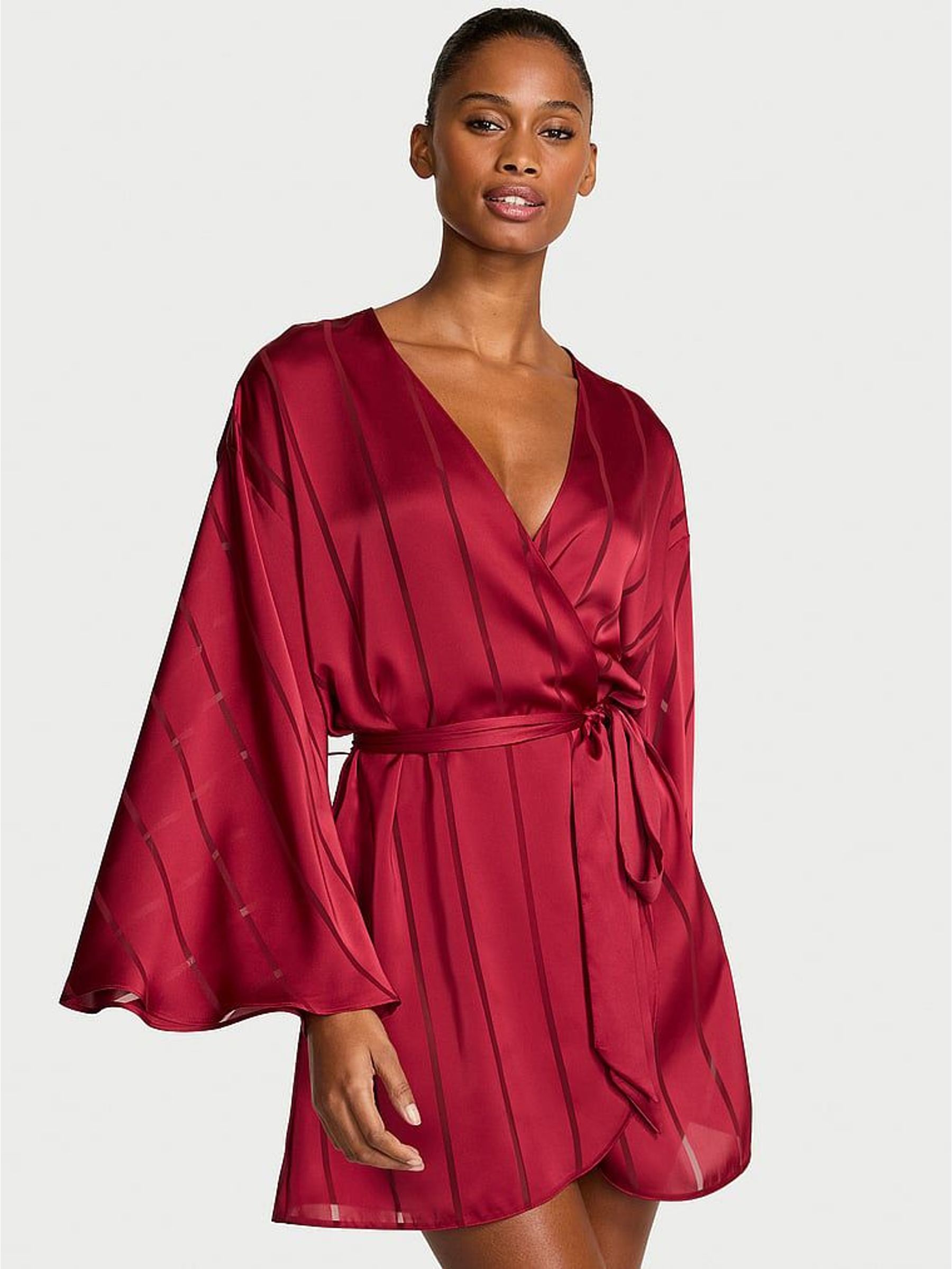 Red Lacquer Satin Sheer Stripe Short Robe (H65051) | €77