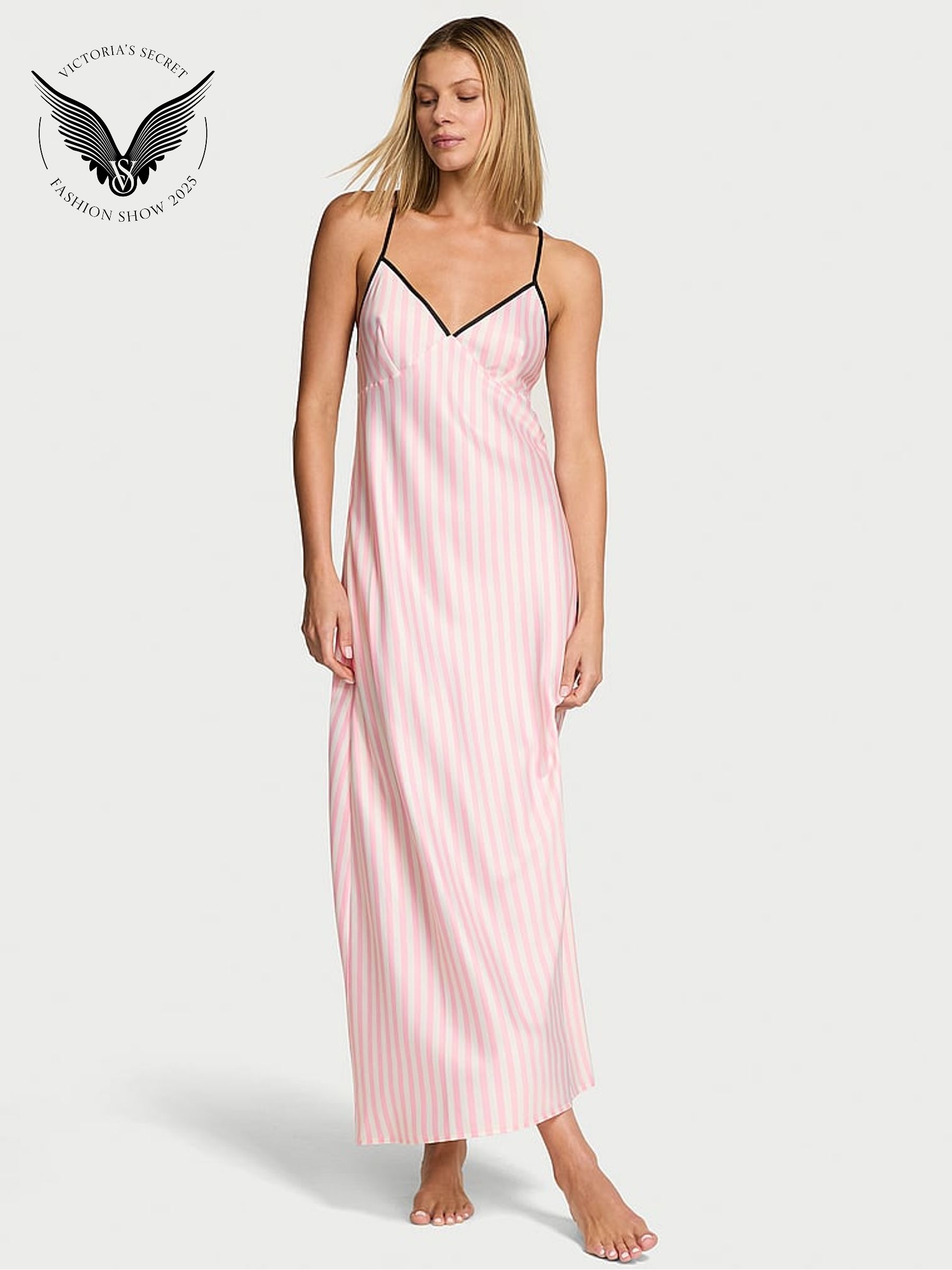 Iconic Stripe Pink Satin Maxi Slip Dress (H65219) | €77