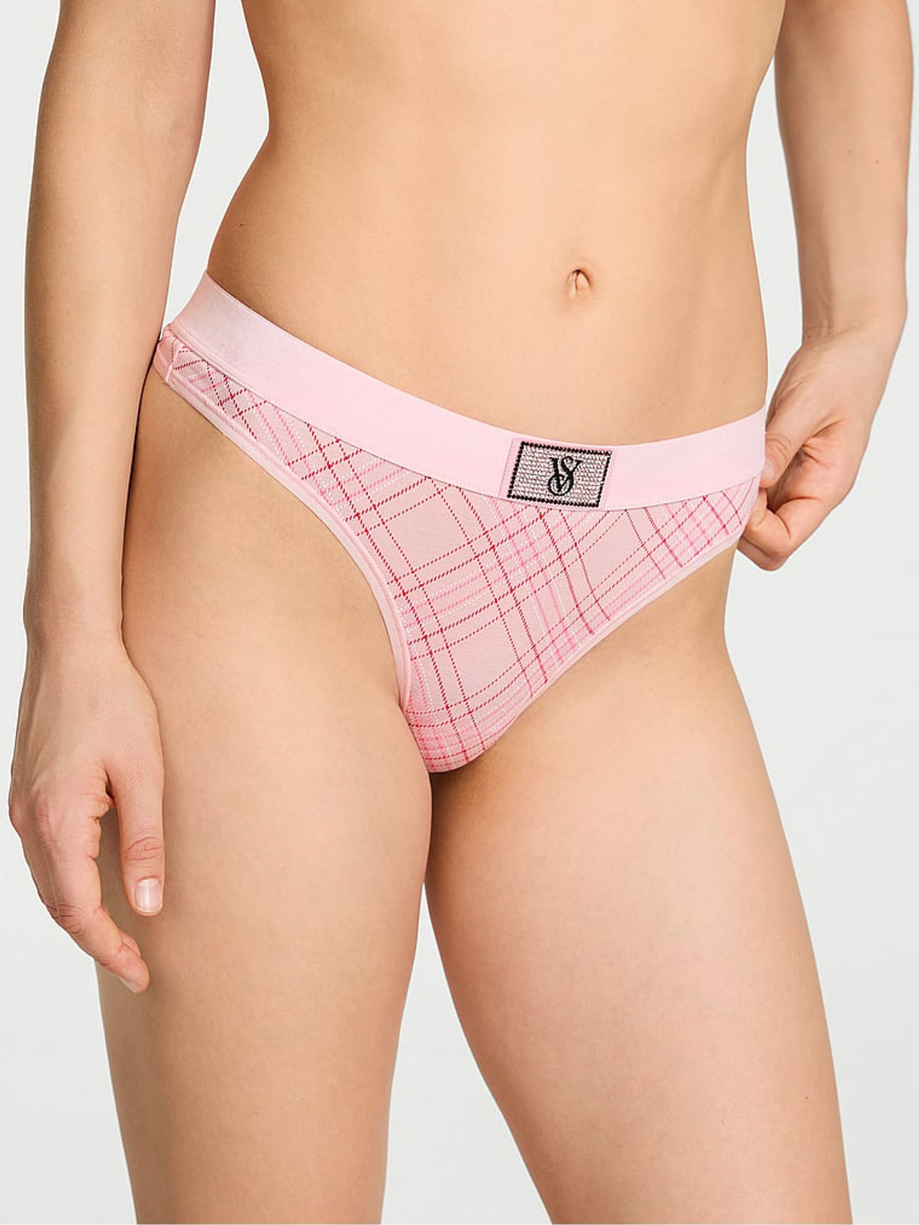 Pink Tartan Thong Logo Shine Patch Velvet Knickers (H65333) | €11.50