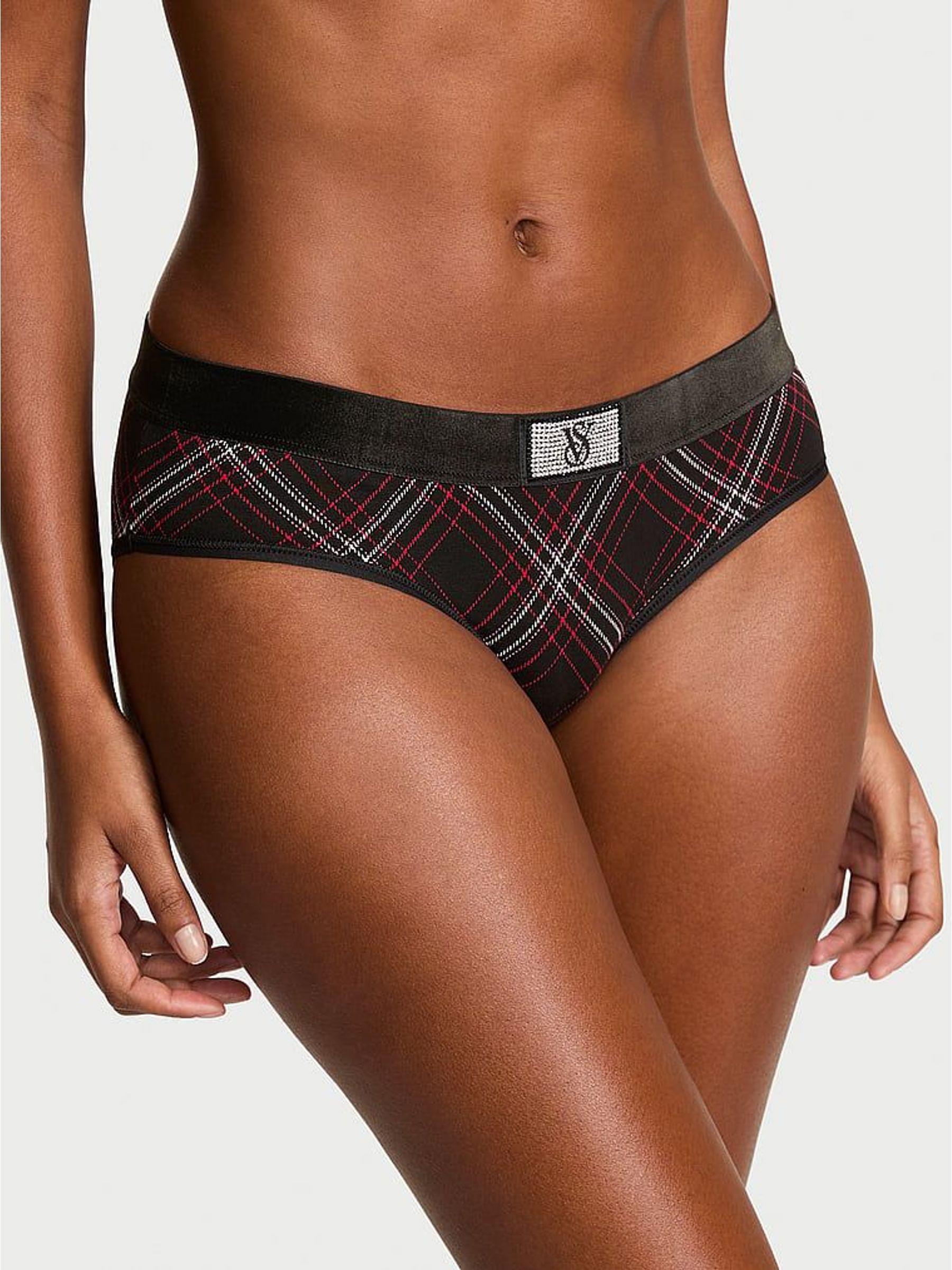 Black Tartan Hipster Logo Shine Patch Velvet Knickers (H65340) | €11.50