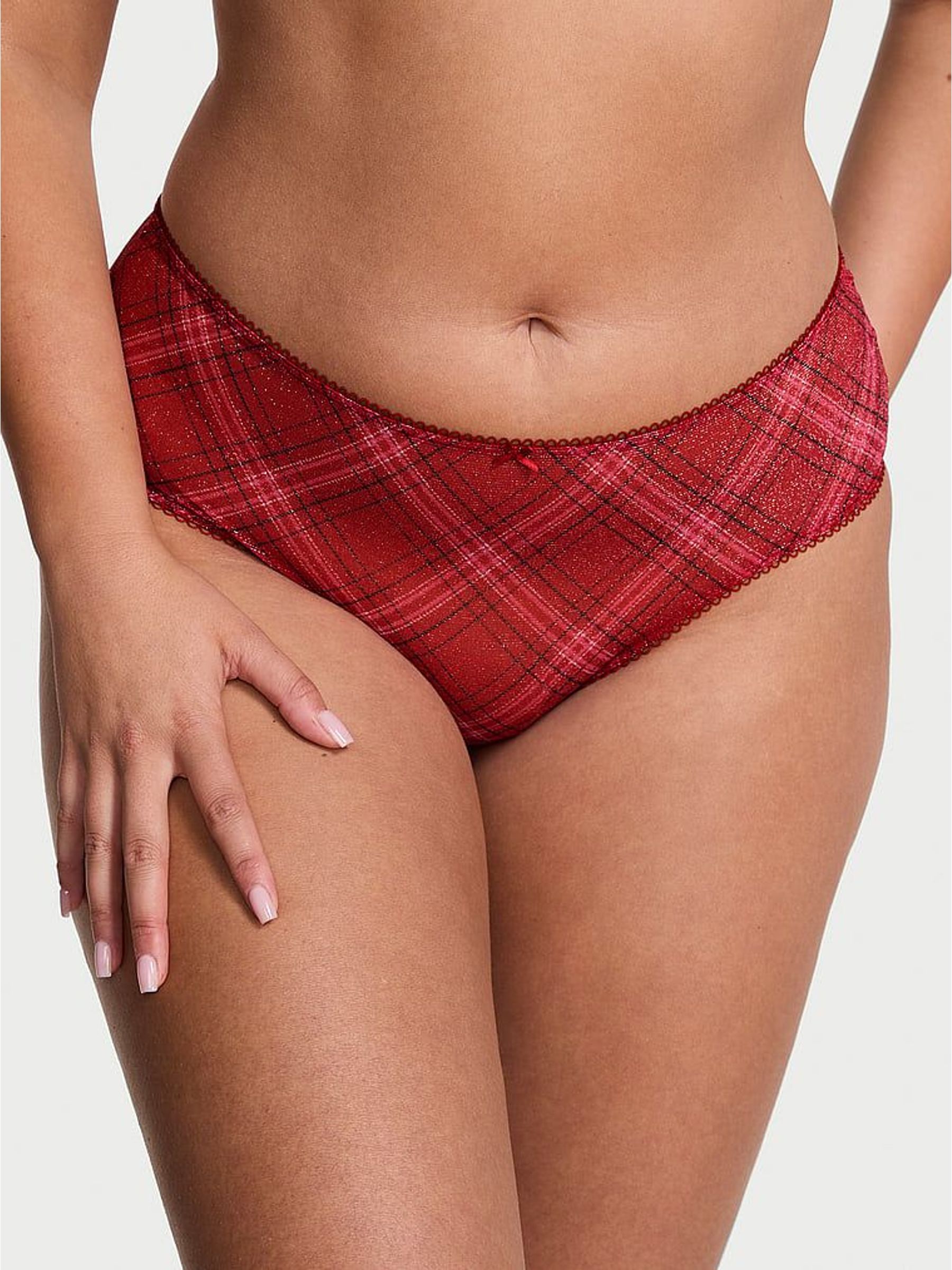Red Lacquer Cheeky Shimmer Mesh Tartan Knickers (H65349) | €13