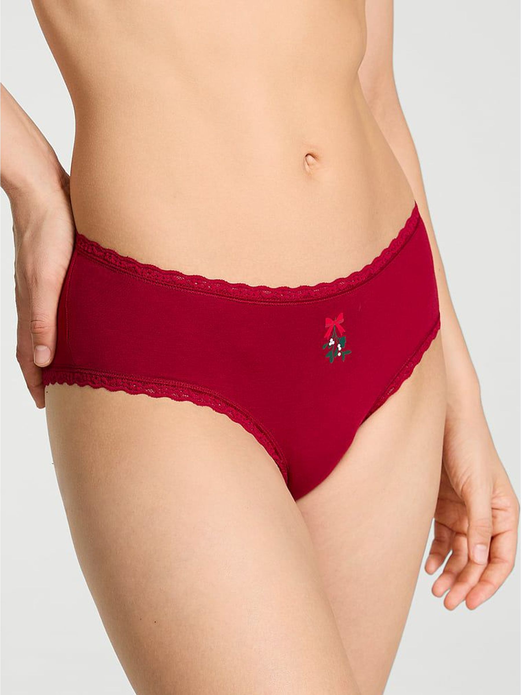 Red Christmas Mistletoe Cheeky Cotton Lace Trim Knickers (H65366) | €13