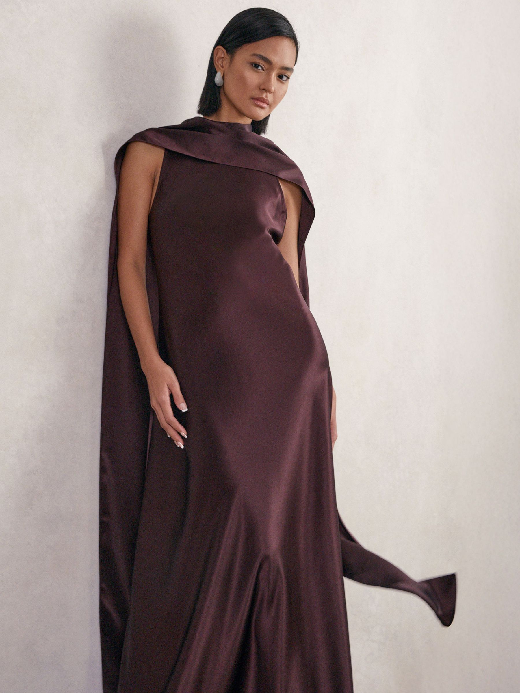 Petite Satin Cape Maxi Dress in Burgundy (H65951) | 2,090 SAR