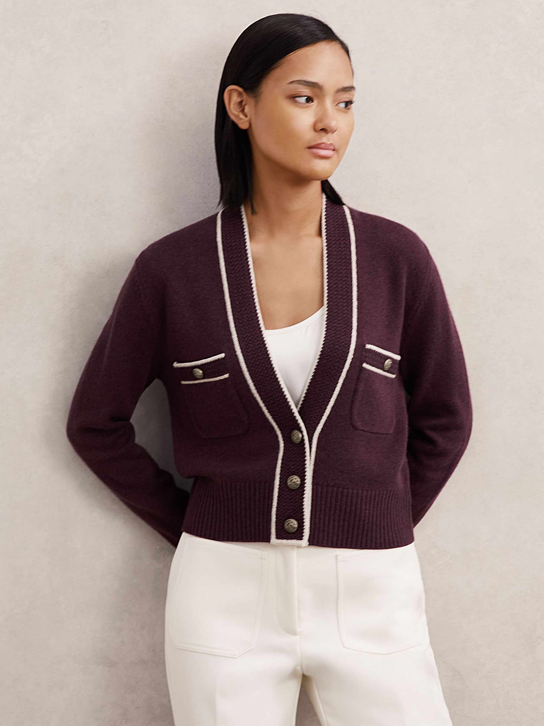 Wool-Cashmere Tipped V-Neck Cardigan in Burgundy/Neutral (H65970) | Kč4,770