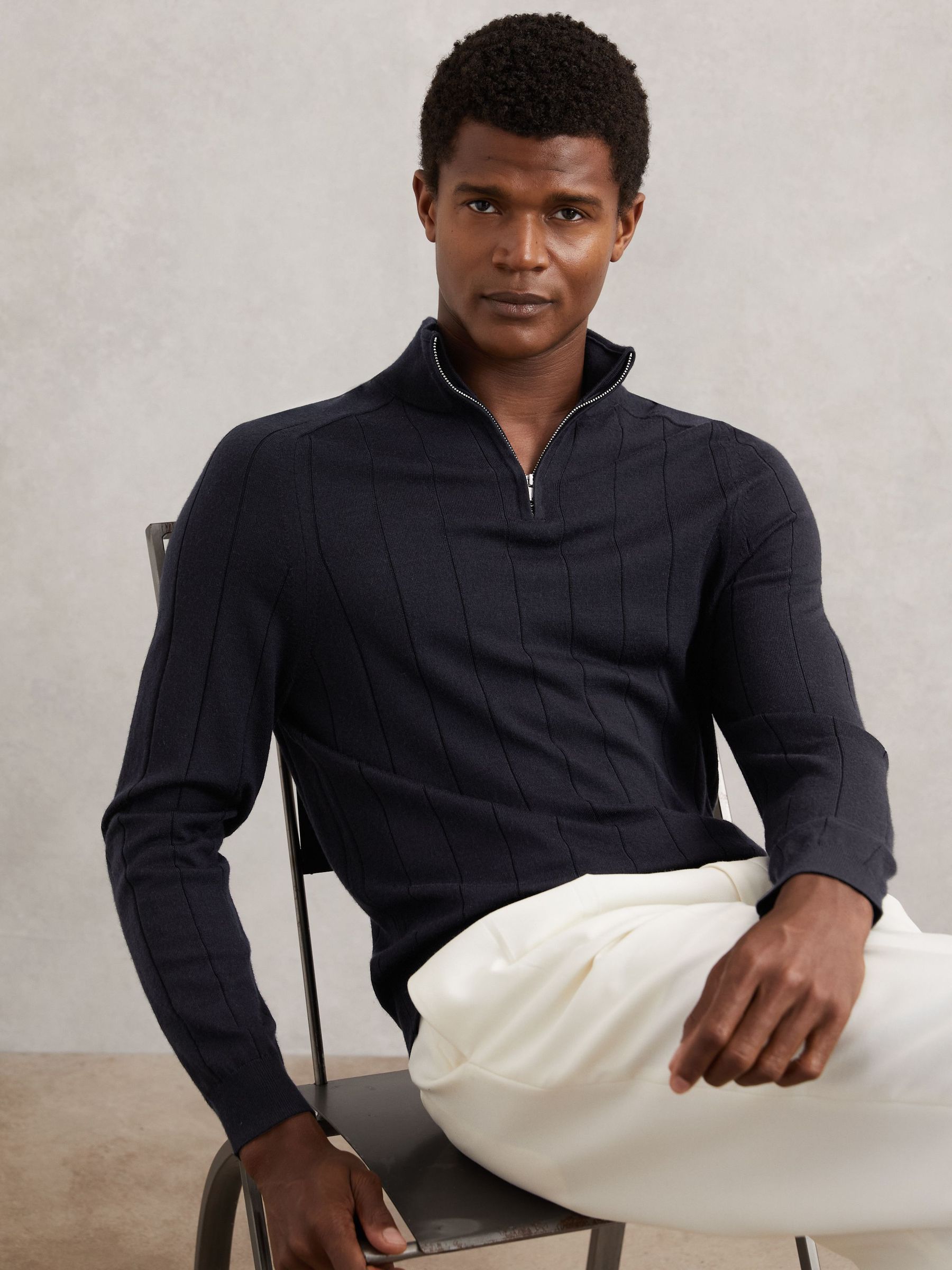 Merino Wool Wide-Rib Half-Zip Jumper in Navy (H65972) | $190