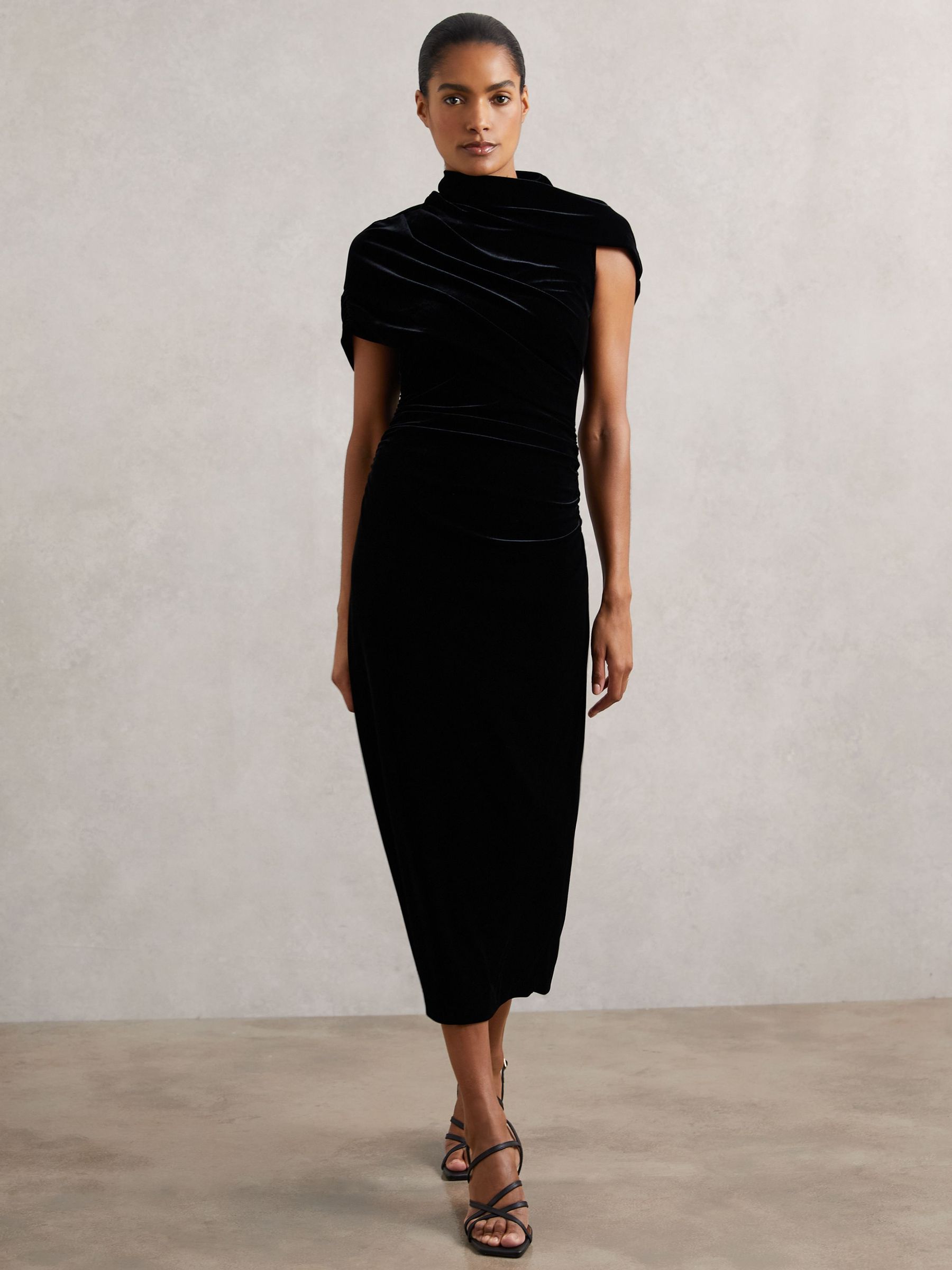 Velvet Draped-Neck Ruched Midi Dress in Black (H65973) | SGD 365