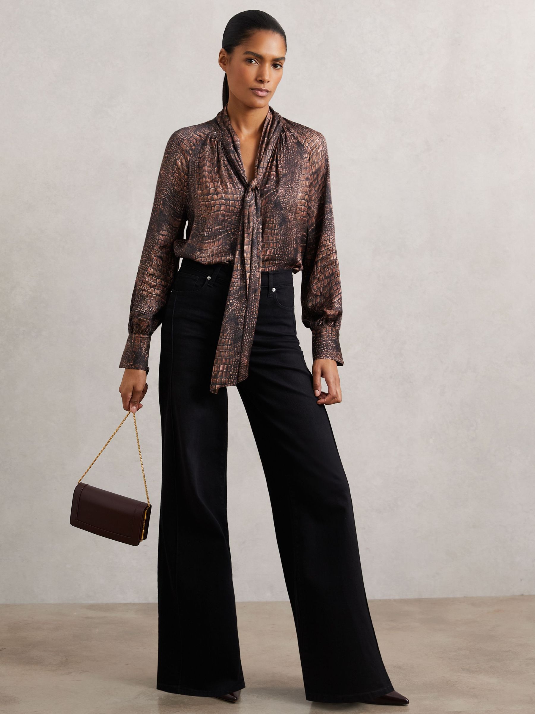 Crocodile-Print Tie-Neck Blouse in Brown (H65980) | ₪980