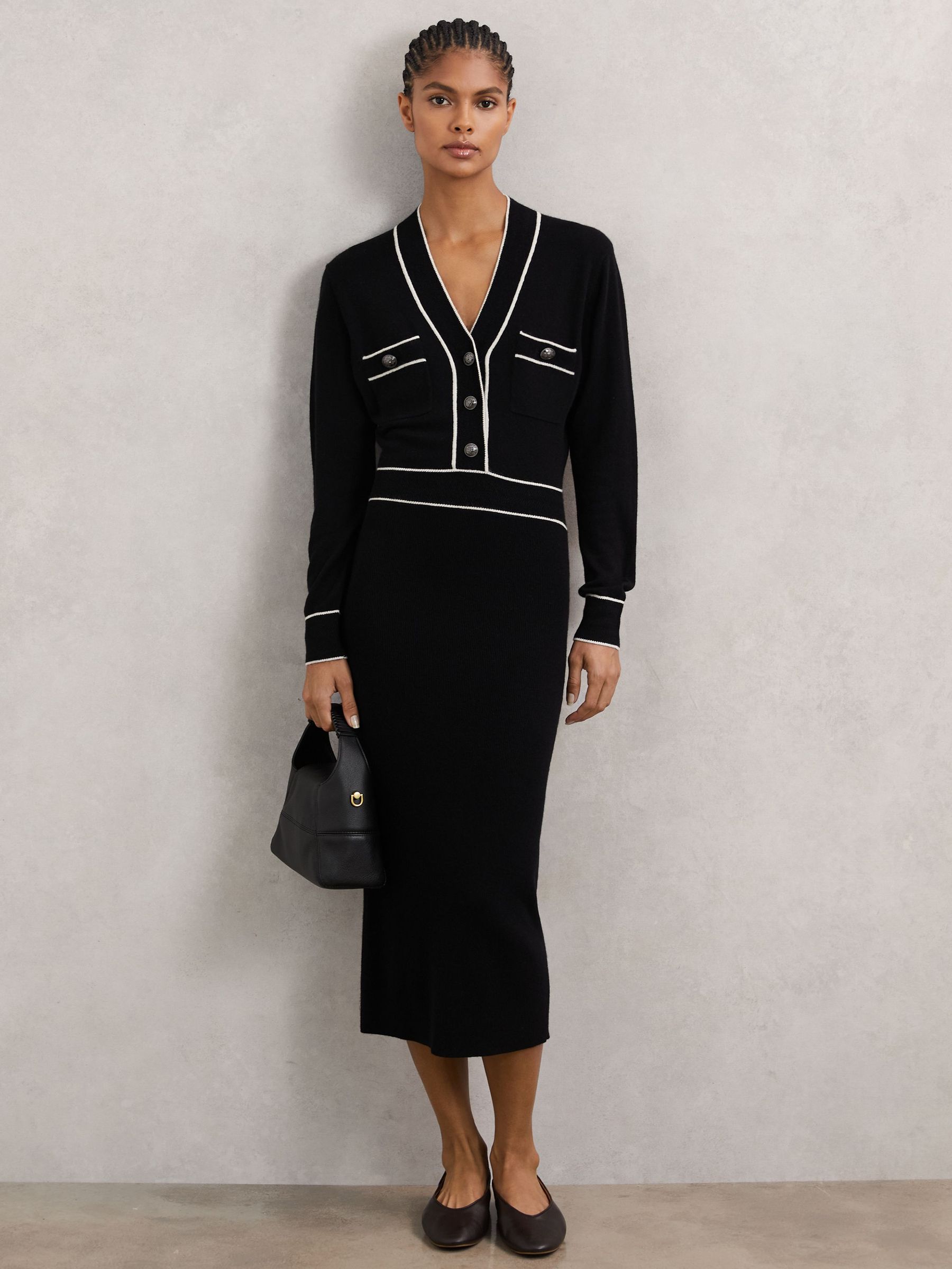 Petite Wool-Blend Tipped Dress With Cashmere in Black/Ivory (H65984) | 1,080 QAR